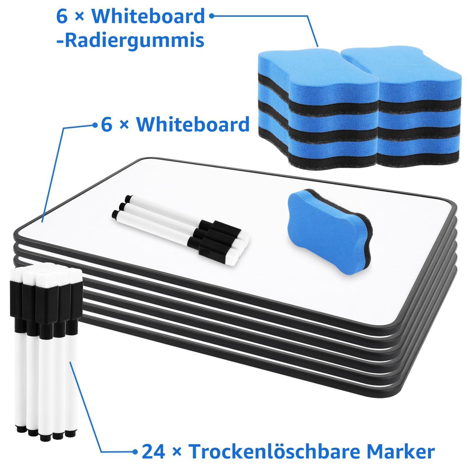 6 Stück 30 X 21cm Whiteboard Klein A4 Mini Whiteboard Doppelseitige mit Schwarzem Rahmen mit 24 Stiften und 6 Board Radierer, Abwischbare Tafel für Klassenzimmer, Schule, Büro, Haus