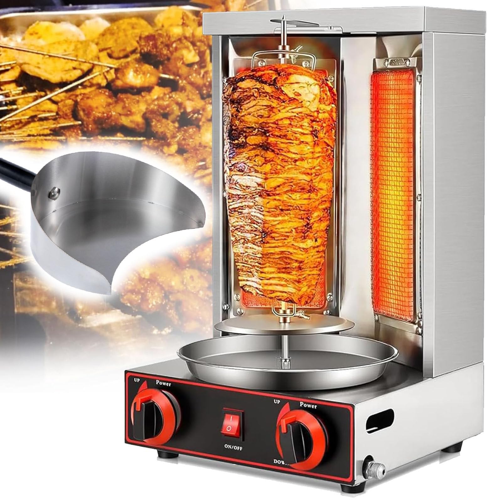 Shawarma Gyro BBQ Machine à Viande Kebab Vertical Doner Viande Grill Infrarouge Acier Inoxydable 2 BrûLeurs RôTissoire Broiler Cuisson,barbecuestove+Shovel