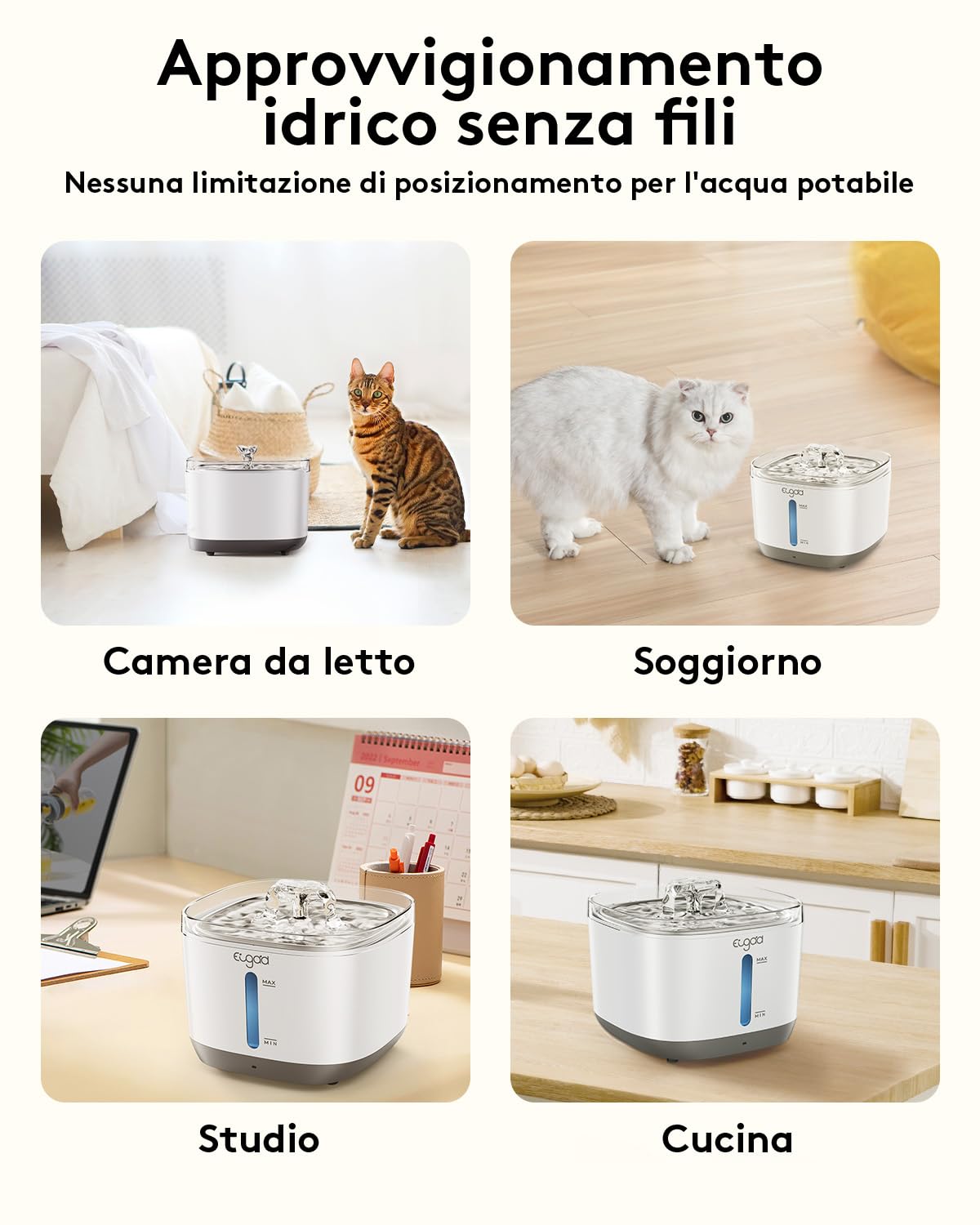 EUGAD Fontanella per Gatti Senza Fili, 2.5L Fontanella per Gatti Cani con Sensore, Distributore Acqua Gatti Acciaio Inox 304, 30dB Ultra Silenzioso,Filtraggio dei Peli Randagi,Batteria 5000 mAh