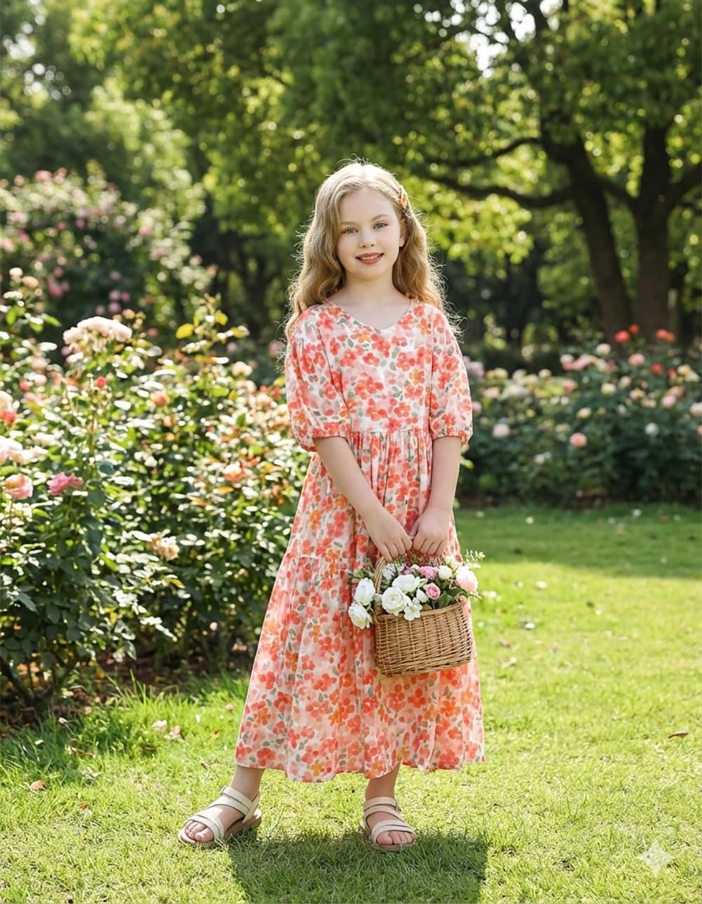 Girls French Puff Sleeve Floral Rayon Sundress Party Beach 3-10Y