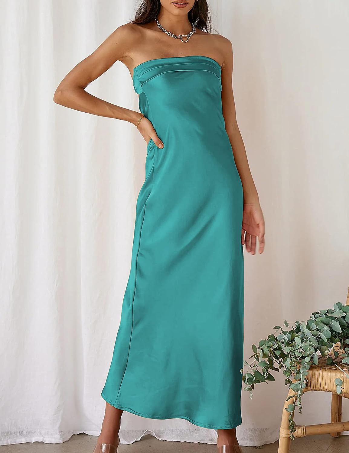  Summer Satin Strapless Backless Maxi Dress for Women Wedding Guest thumbnail