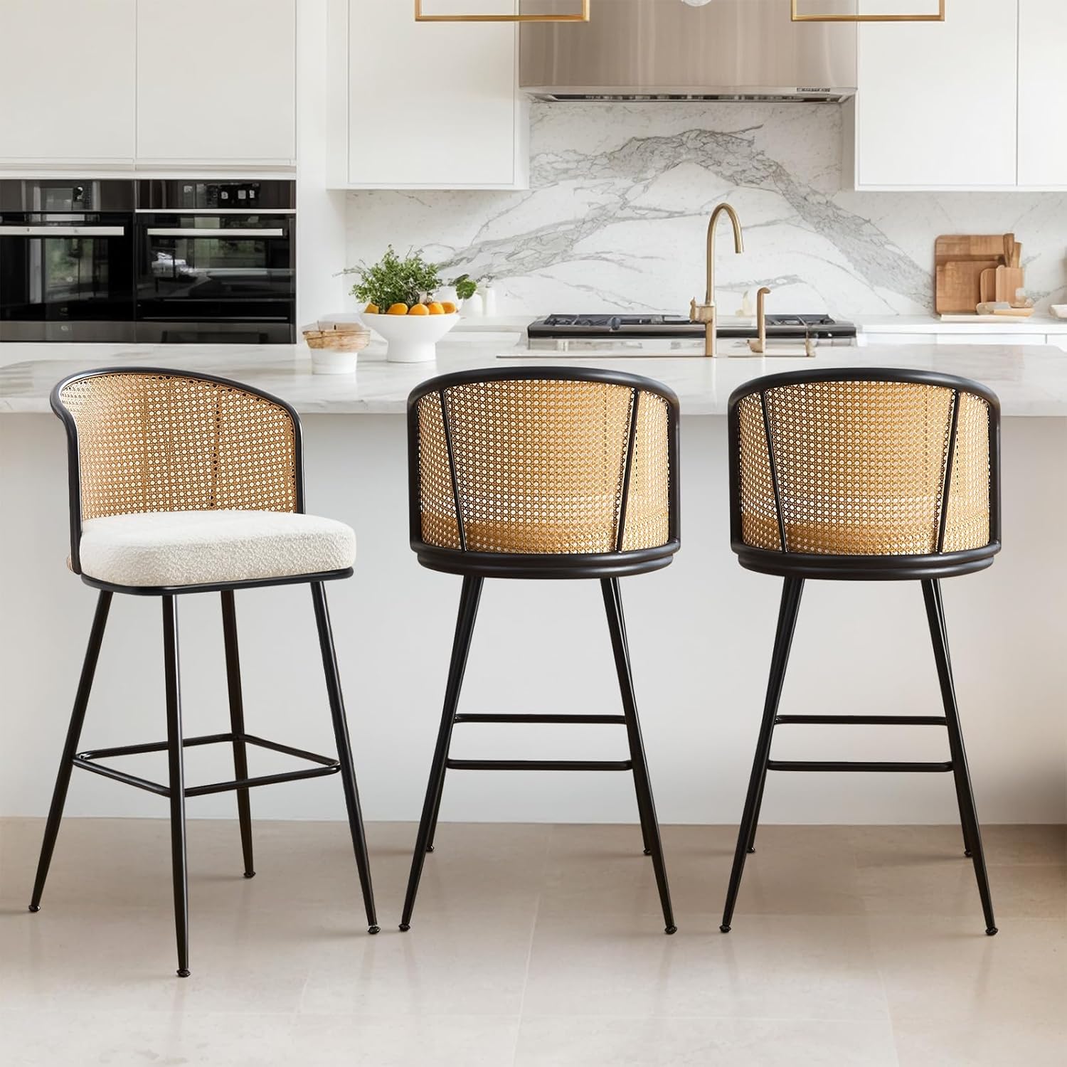 29" Bar Height Stools Set of 3, Rattan Bar Stools with Cane Back & Boucle Fabric Seat, Modern Farmhouse Barstools for Kitchen Island, Pub, White