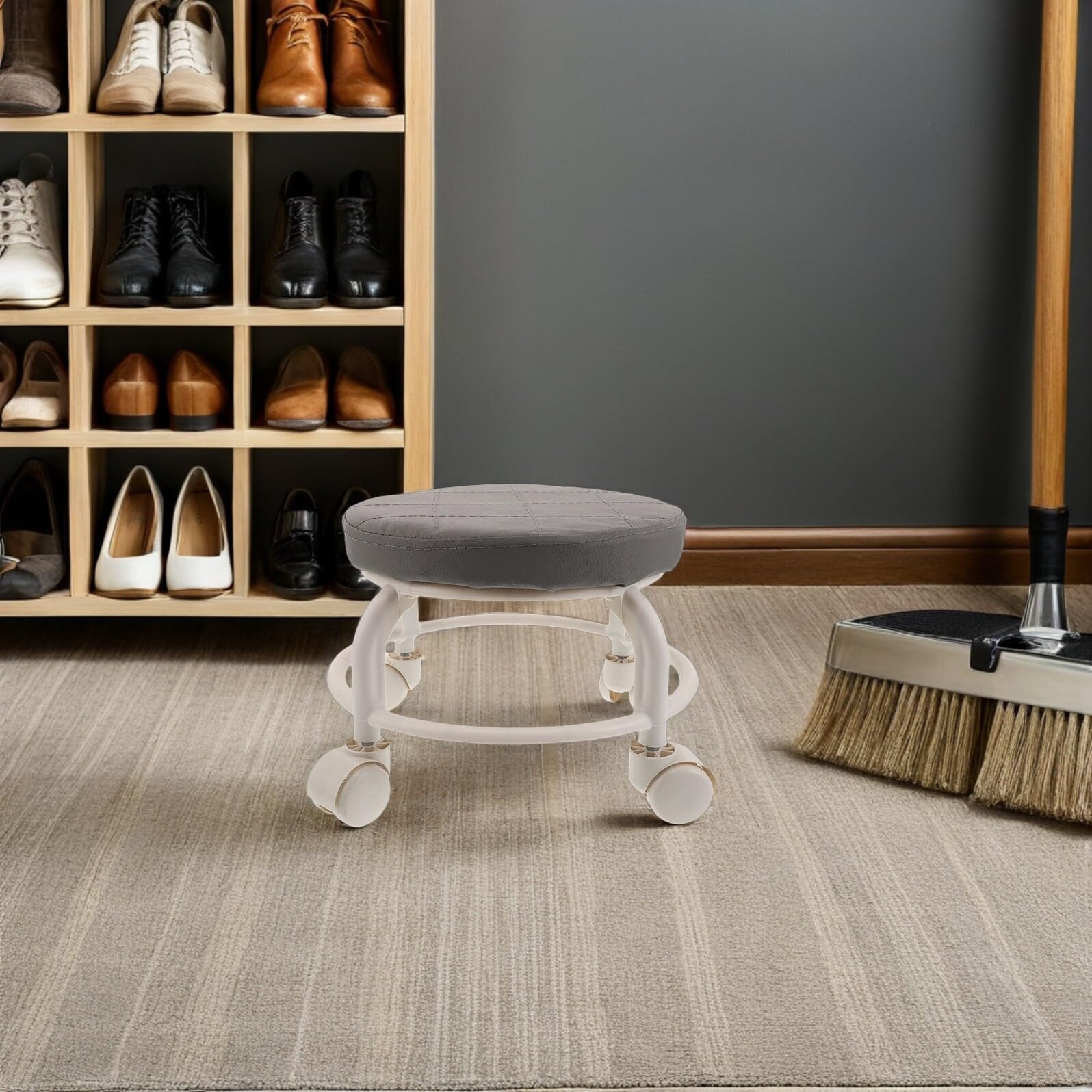 Ipetboom Sgabello Girevole in Pu con Ruote a 360° per Manicure e Salone, Sedile Rotondo Imbottito per Ufficio, Giardino e Casa
