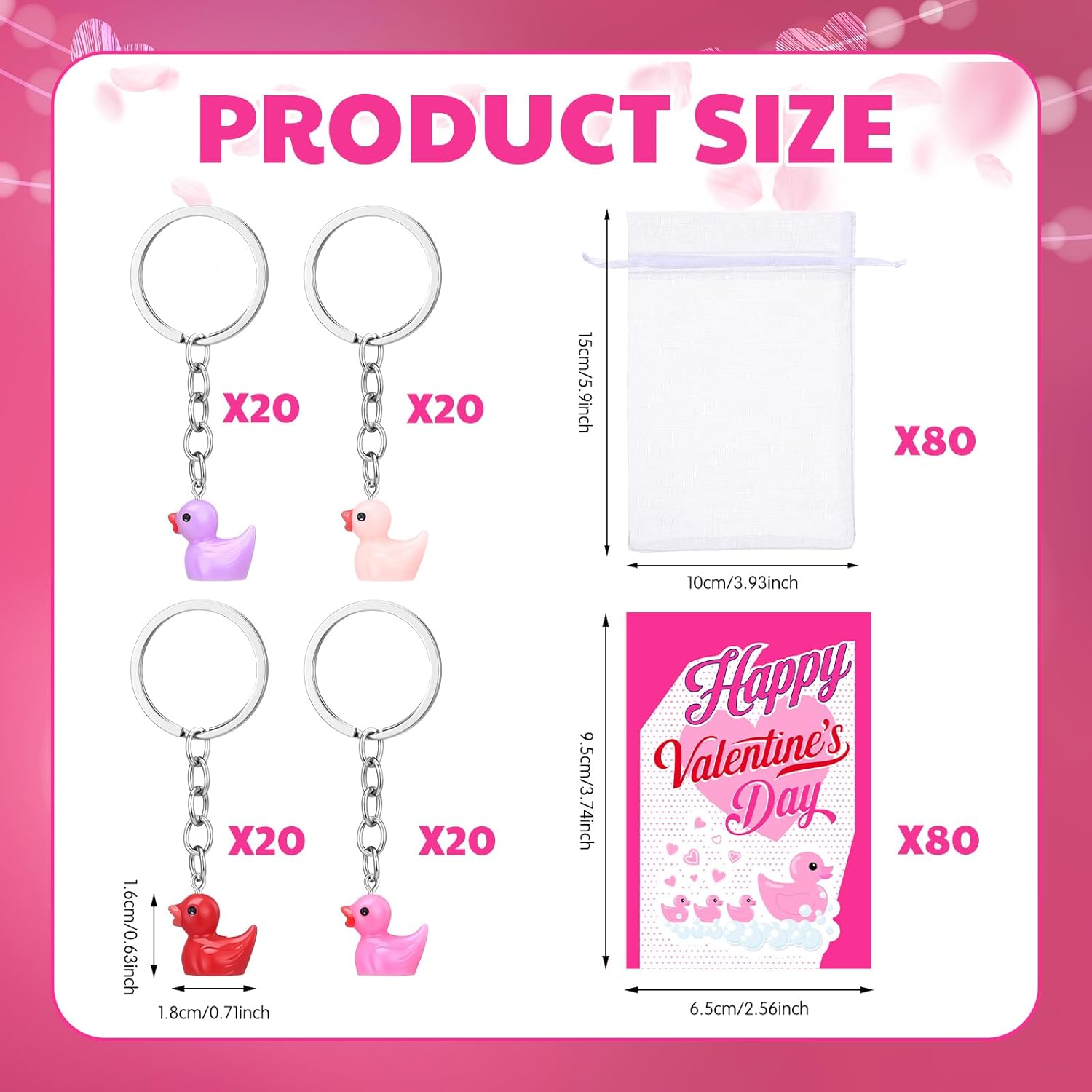 Cunno 240 Pcs Valentine's Day Mini Duck Gift Set Includes Cute Resin Ducks Keychains with Cards and Organza Bag Funny Valentines Exchange Gift Party Decor for Adults Lovers Friend and Family