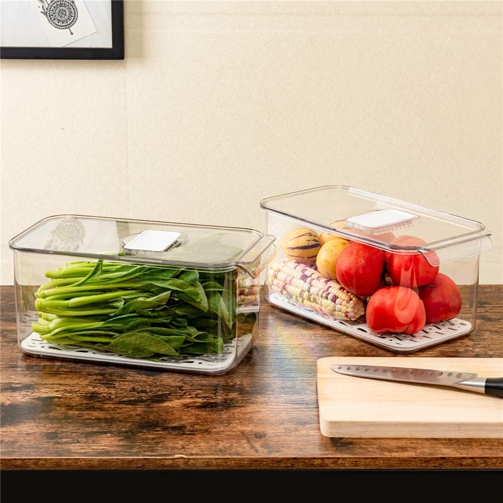 Slideep Refrigerator Food Storage Containers, Lettuce Keeper Large Produce Saver Stackable Container with Lids & Removable Drain Tray, Clear Veggie Fruit Salad Lettuce Container -2 Pack
