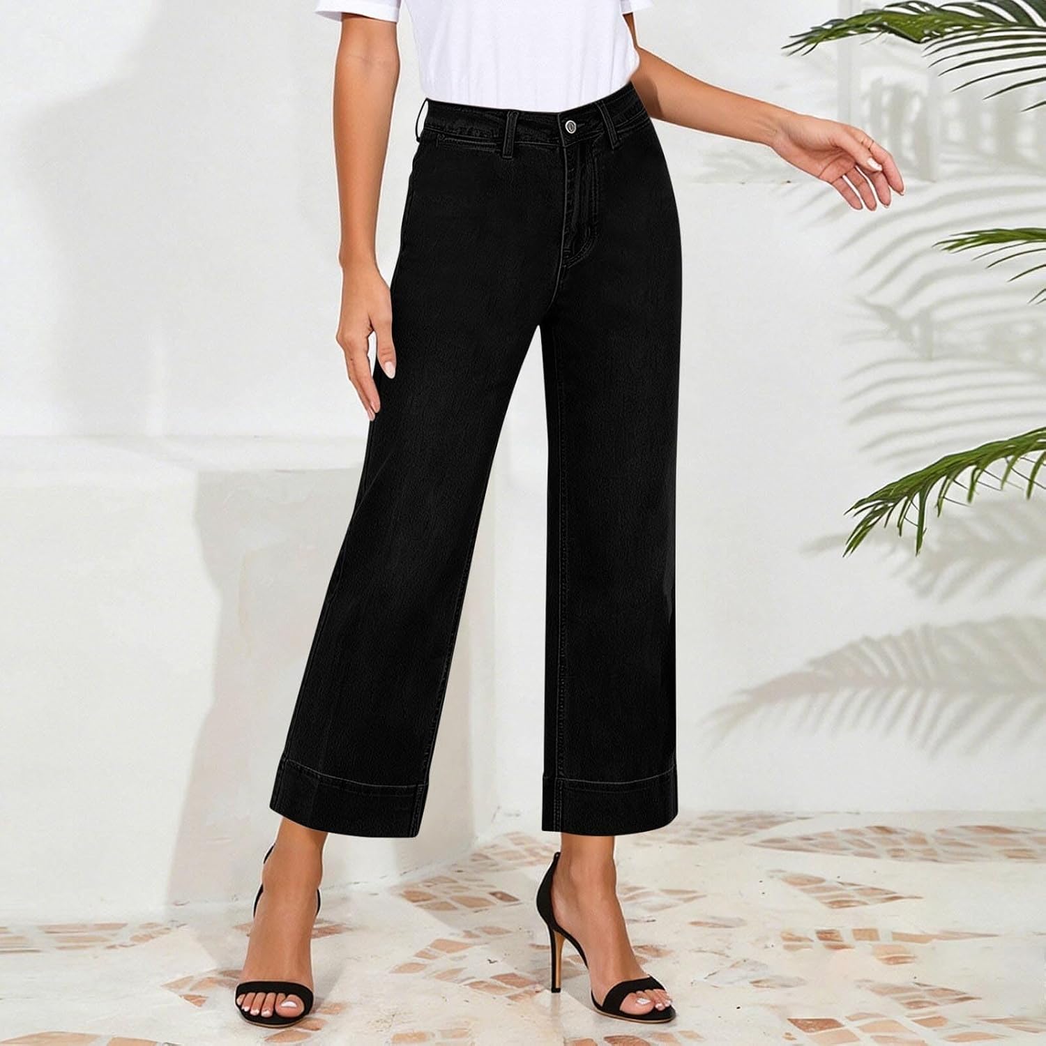 Womens High Waist Wide Leg Jeans Pants Denim Trousers Raw Hem Slacks Cropped Fit Casual Streetwear Trendy Daily