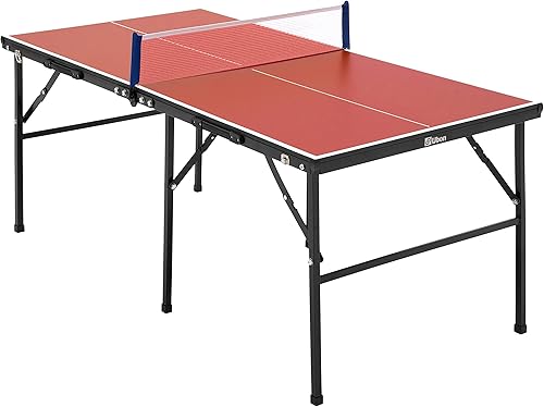 Ubon Mesa de ping pong plegable de tamaño pequeño, 60 x 30 pulgadas, mesa de tenis de mesa portátil con redpostes de altura reguladora para juegos