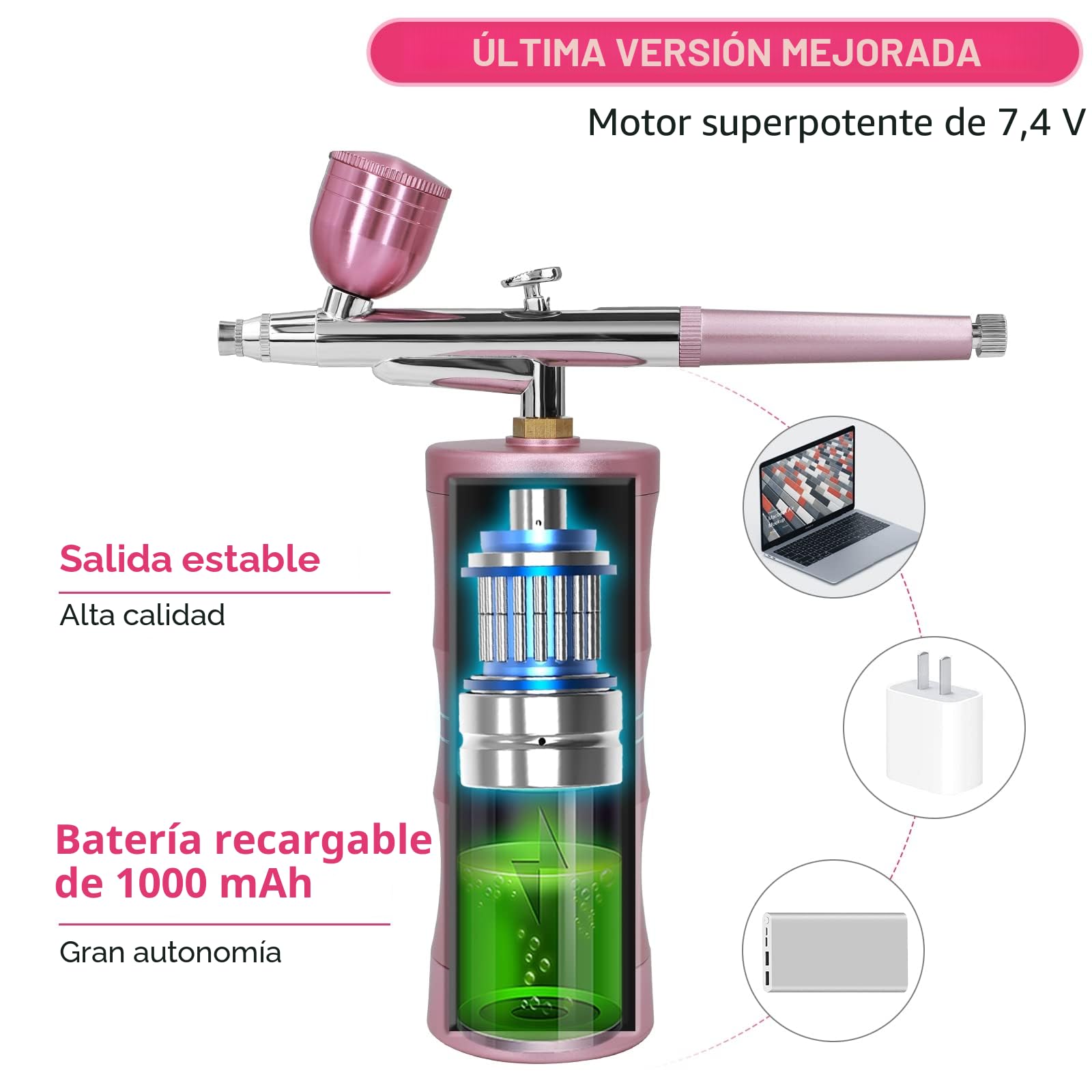 Kit de Aerógrafo con Compresor de Aire, Pistola de Cepillo de Aire Mejorada de 7.4V 34PSI Recargable Portátil Inalámbrico con Boquilla de 0,4 mm para Pintura, Arte de Uñas, Tatuaje (Rosa)