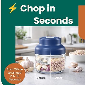 Electric Garlic Chopper, Mini USB Rechargeable Food Chopper with Peeler, Portable Vegetable Chopper with Stainless Steel Blades for Garlic, Ginger, Chilli, Herbs and Small Meal Prep