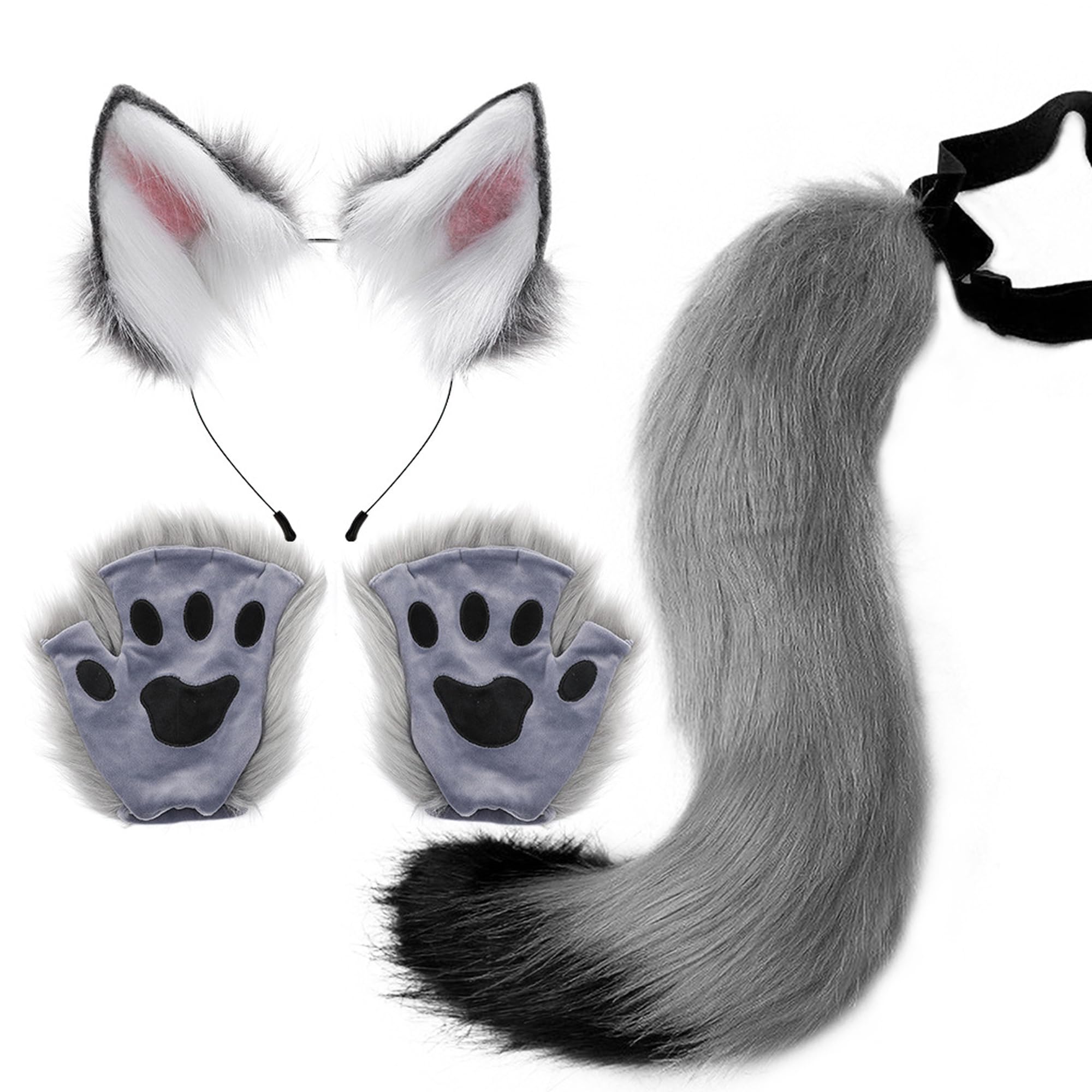 SANSIWU Halloween Fashion Faux Fur Cat Ears Hair Clip Party Costume Ornament Furry Wolf Fox Tail Bell Leather Neck Chocker Cosplay Toy Set (B-Gray Gloves, One Size) โ image 1