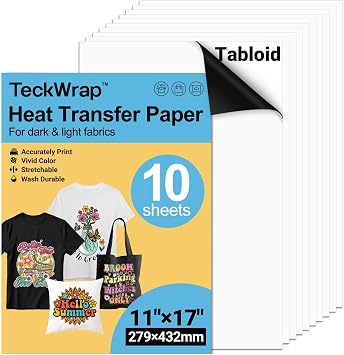 TECKWRAP Printable Heat Transfer Paper for T-Shirts 10 Sheets, 11" X 17" Printable Heat Transfer Vinyl for Inkjet Printer, Iron on Transfer Paper for Light and Dark Fabric Matte