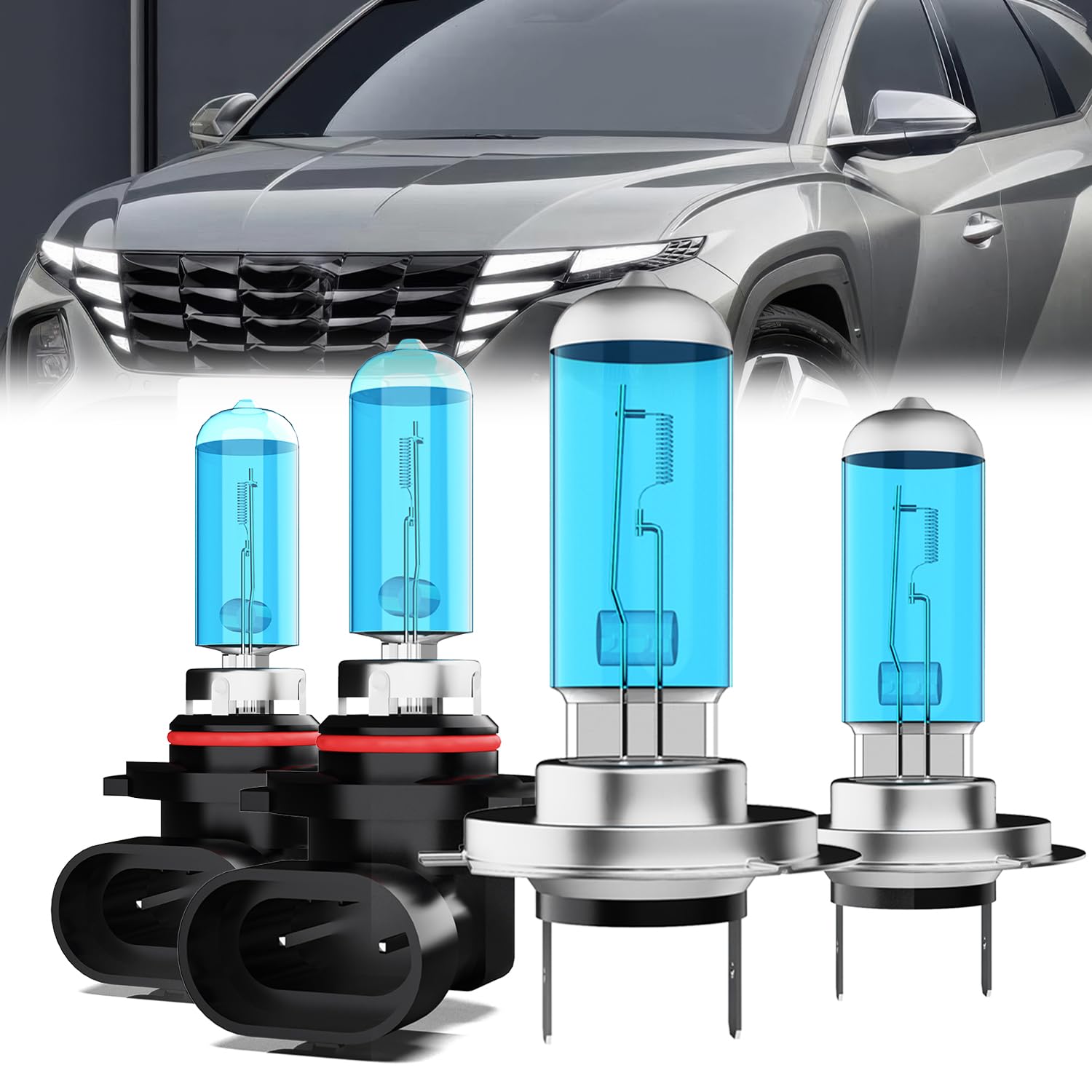 Headlight Bulbs Compatible With Hyundai Tucson 2019-2021, 9005 High Beam + H7 Low Beam Halogen Light Bulb Combo, Super Bright 6000K White, Plug and Play, Pack of 4