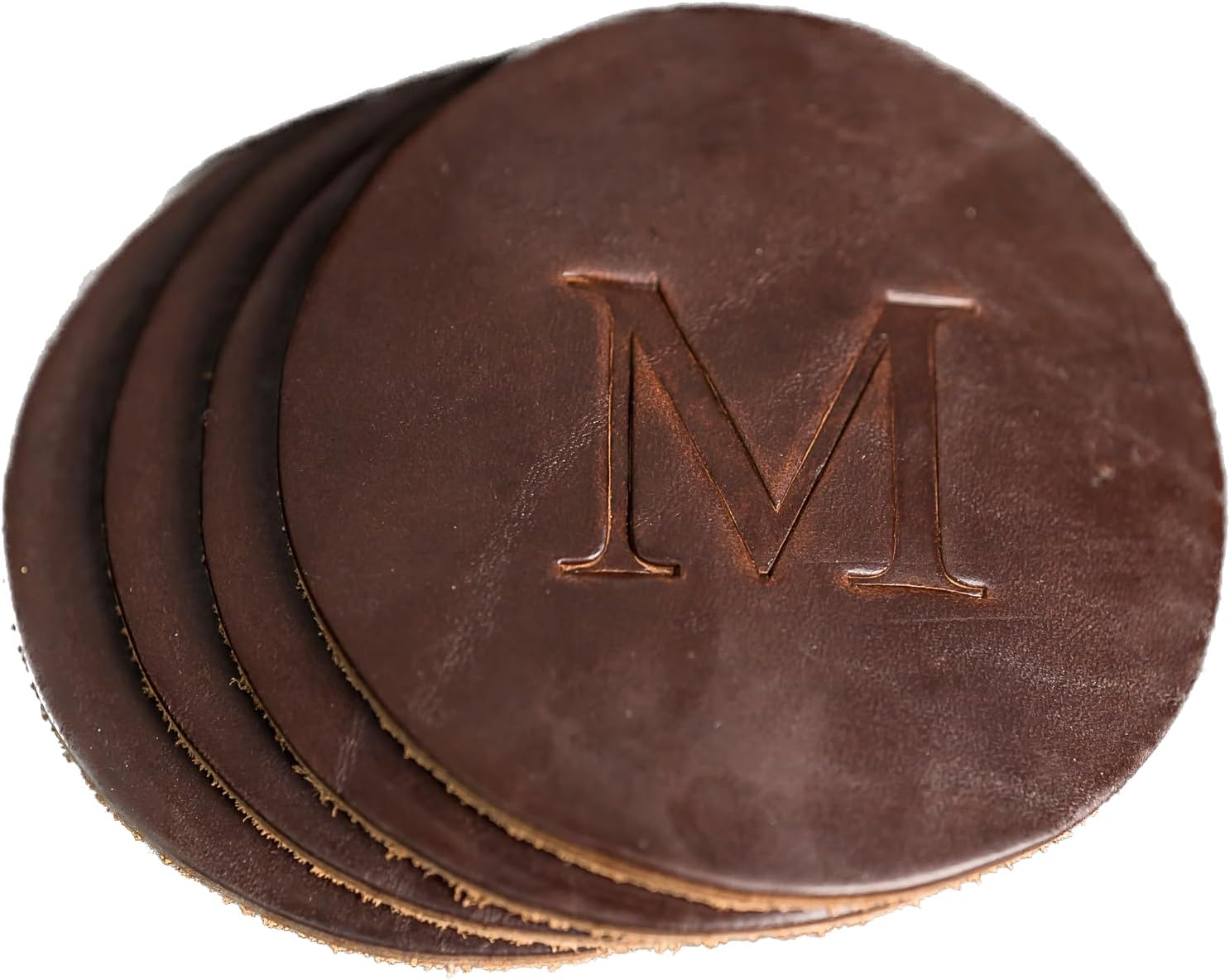 Personalized Leather Coaster 4 pk - Customize Inscription- 100% Full-Grain Leather – 4" Round or 4" Square – (Brown, Square)