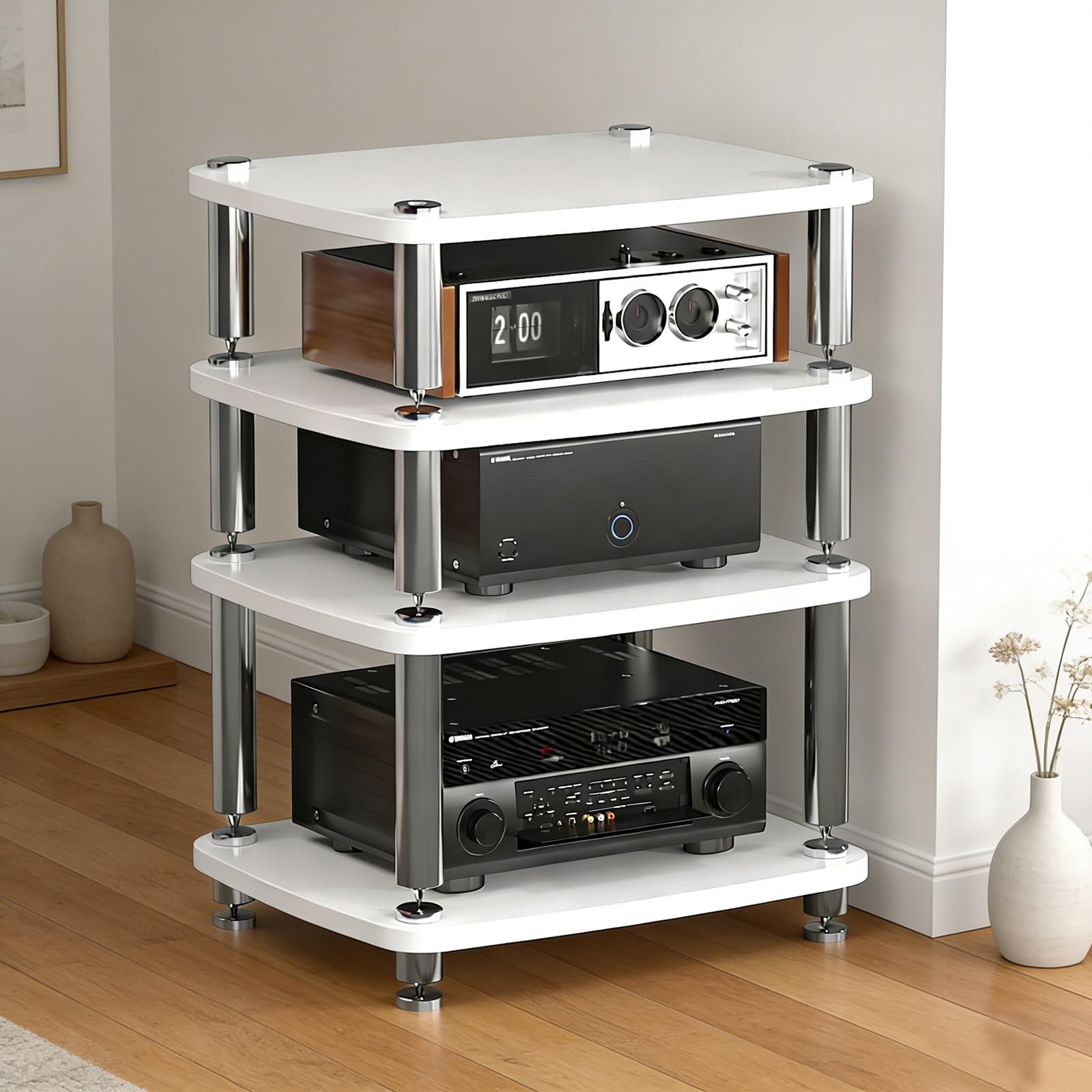 HiFi Regal - Estante de 4 niveles para o y videojuegos, moderno soporte de madera con alfombrilla o estante para reproductores de DVD, consolas de juegos, cajas de TV, color blanco