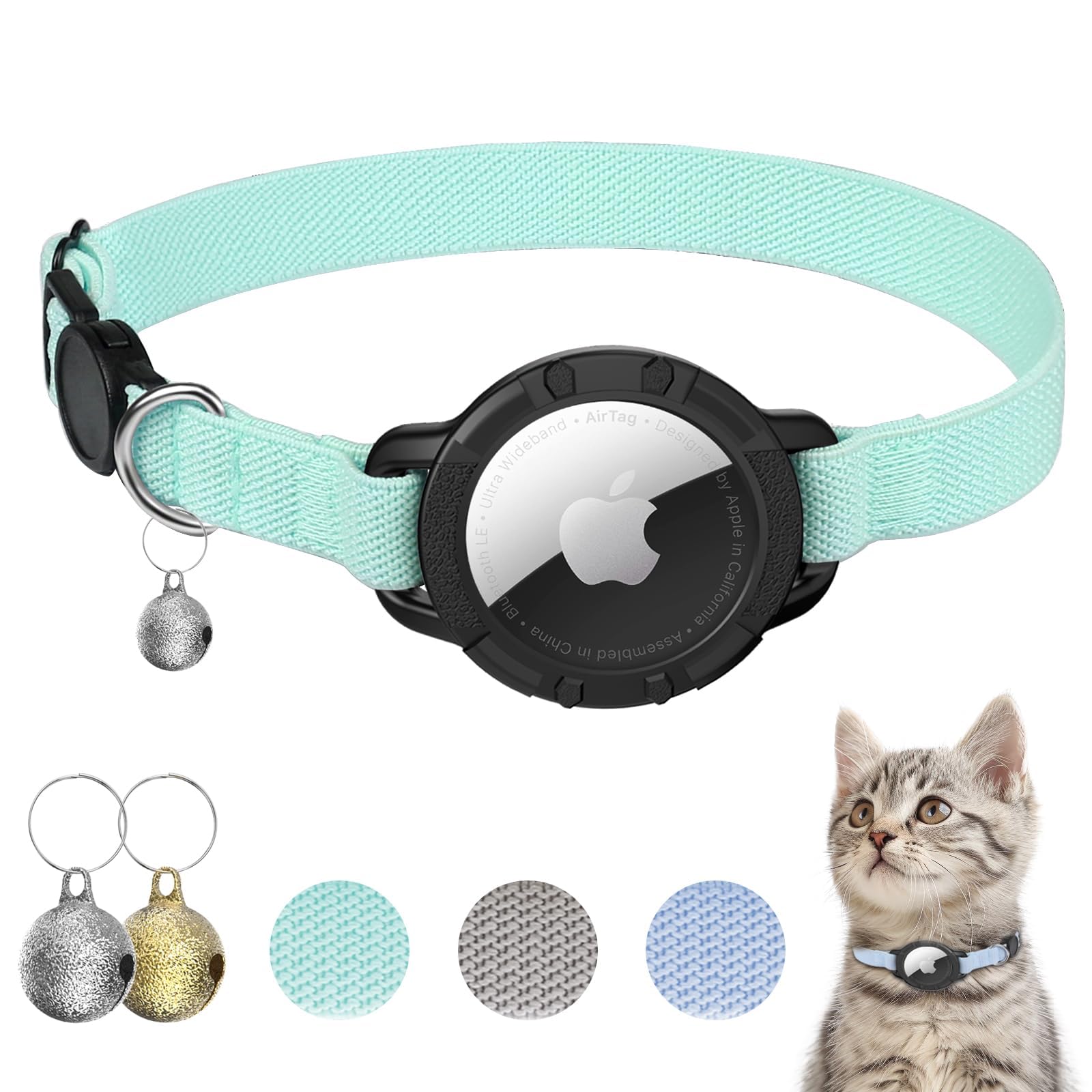 AirTag Cat Collar, Stretchy Kitten Collar with Apple Air Tag Holder and Bell