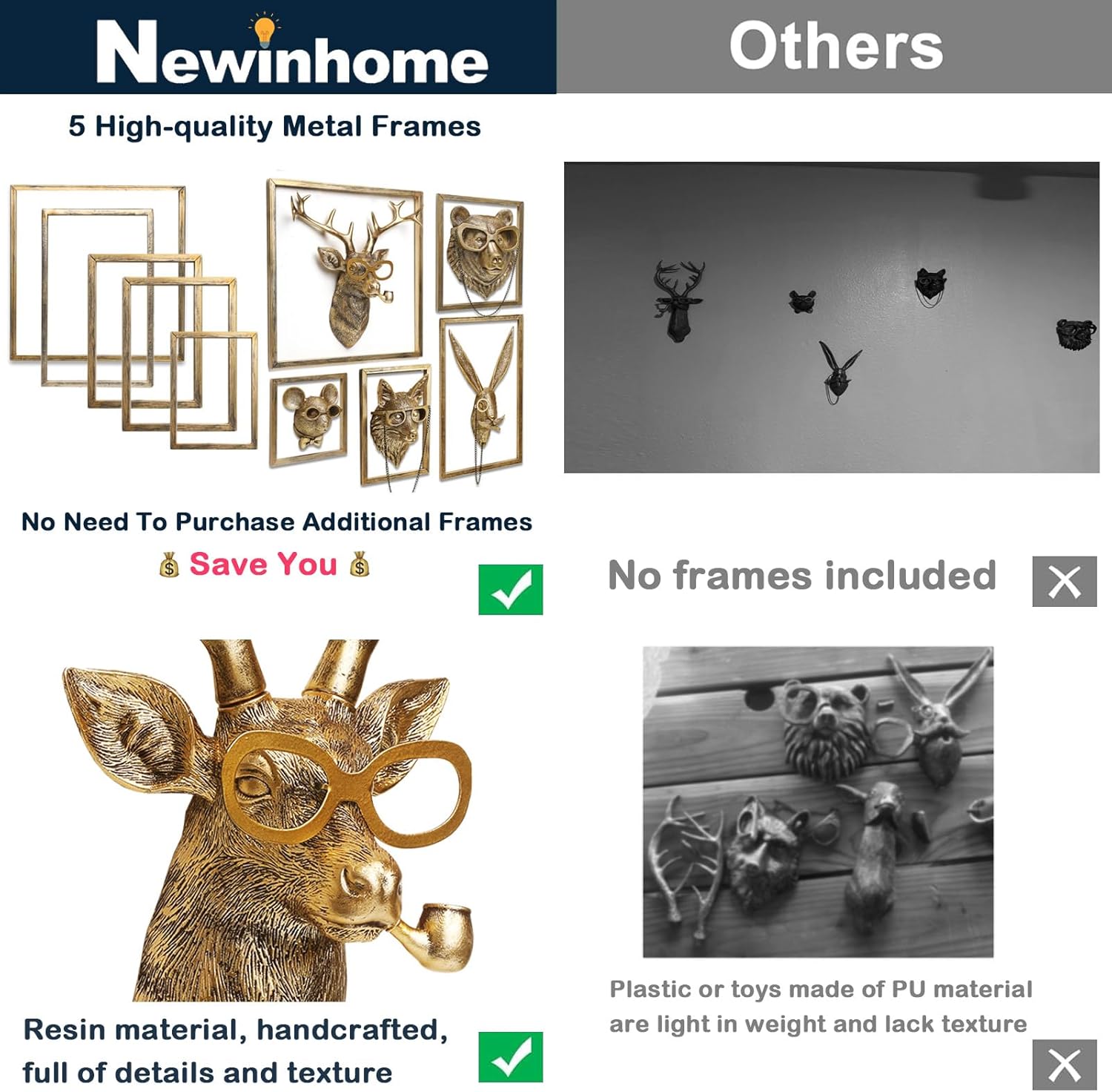 Newinhome 5 Pack Animal Heads Wall Decoration (Gift Metal Frame) Resin Animals Sculptures Head Wall Hanging Decor Gold vintage Wall Sculpture for Living Room Bedroom Office