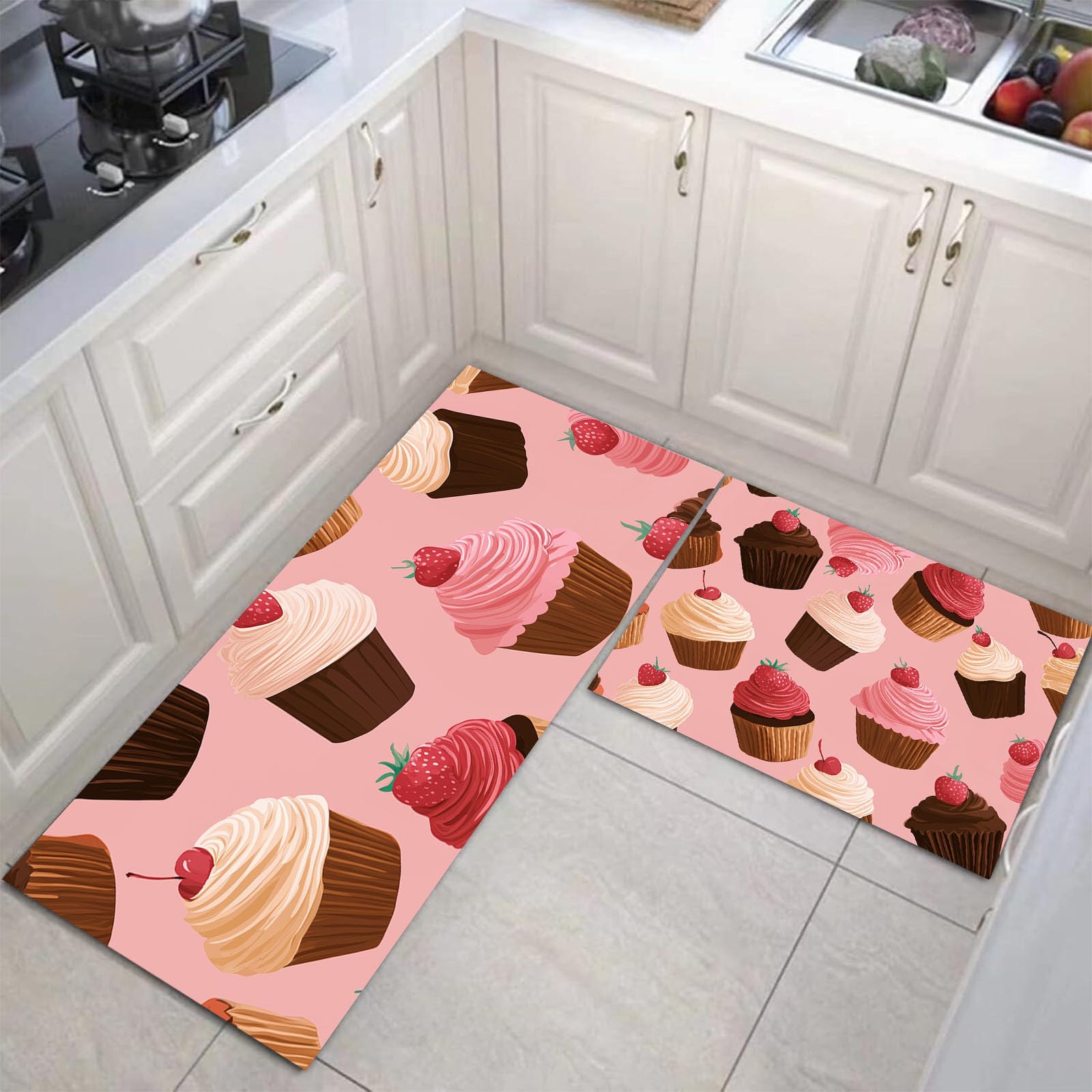 Alfombras de cocina antideslizantes con ilustración de cupcake juego de 2 tapetes para suelo seguro