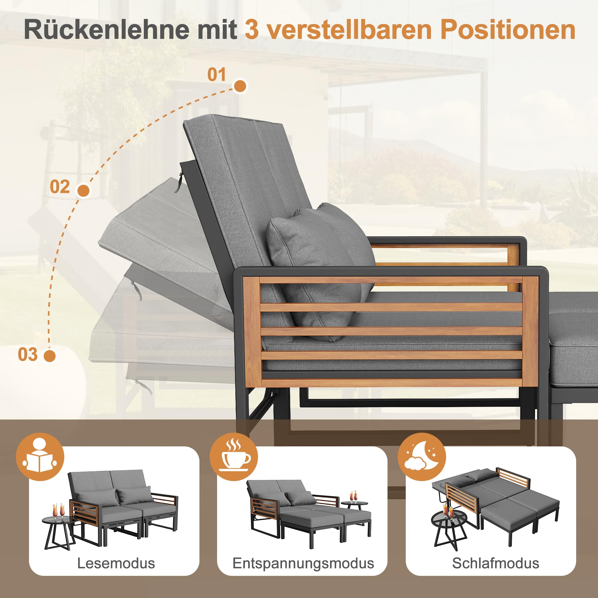 Garten-Lounge-Set für 2-4 Personen, Doppel-Liege & Outdoor Daybed mit Verstellbarer Rückenlehne, nutzbar als Outdoor-Sofa, Bett, Inkl. Rücken- und Sitzkissen