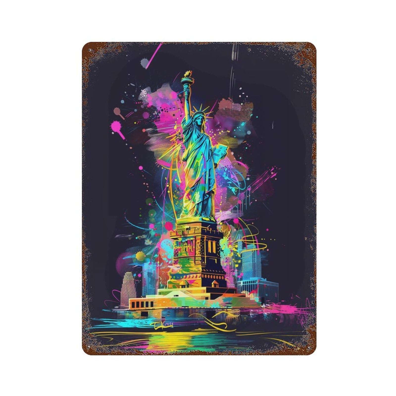 Colorful Statue of Liberty Art Print Rust Effect Tin Sign 15.7"x11.8", Vintage Wall Decor for Bistro, Counter And Cafe Decor