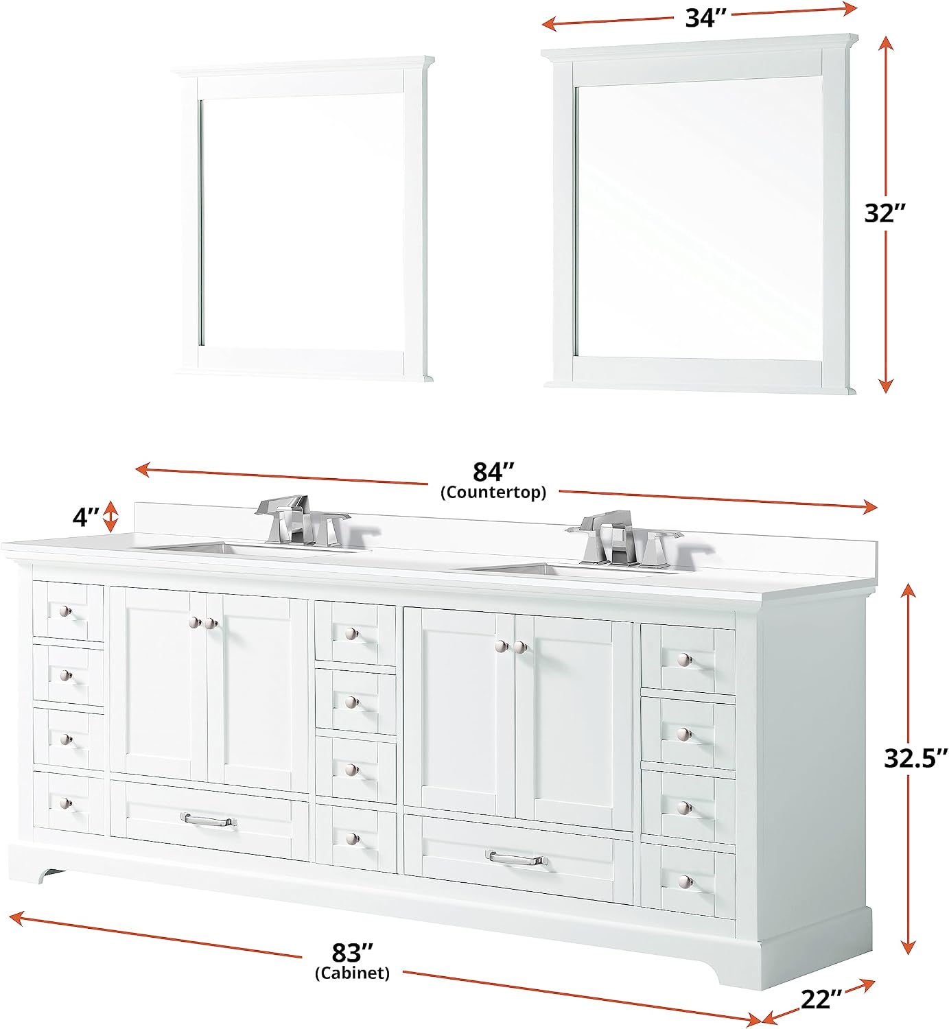 Dukes 84 in. W x 22 in. D White Double Bath Vanity, Cultured Marble Top, and Faucet Set