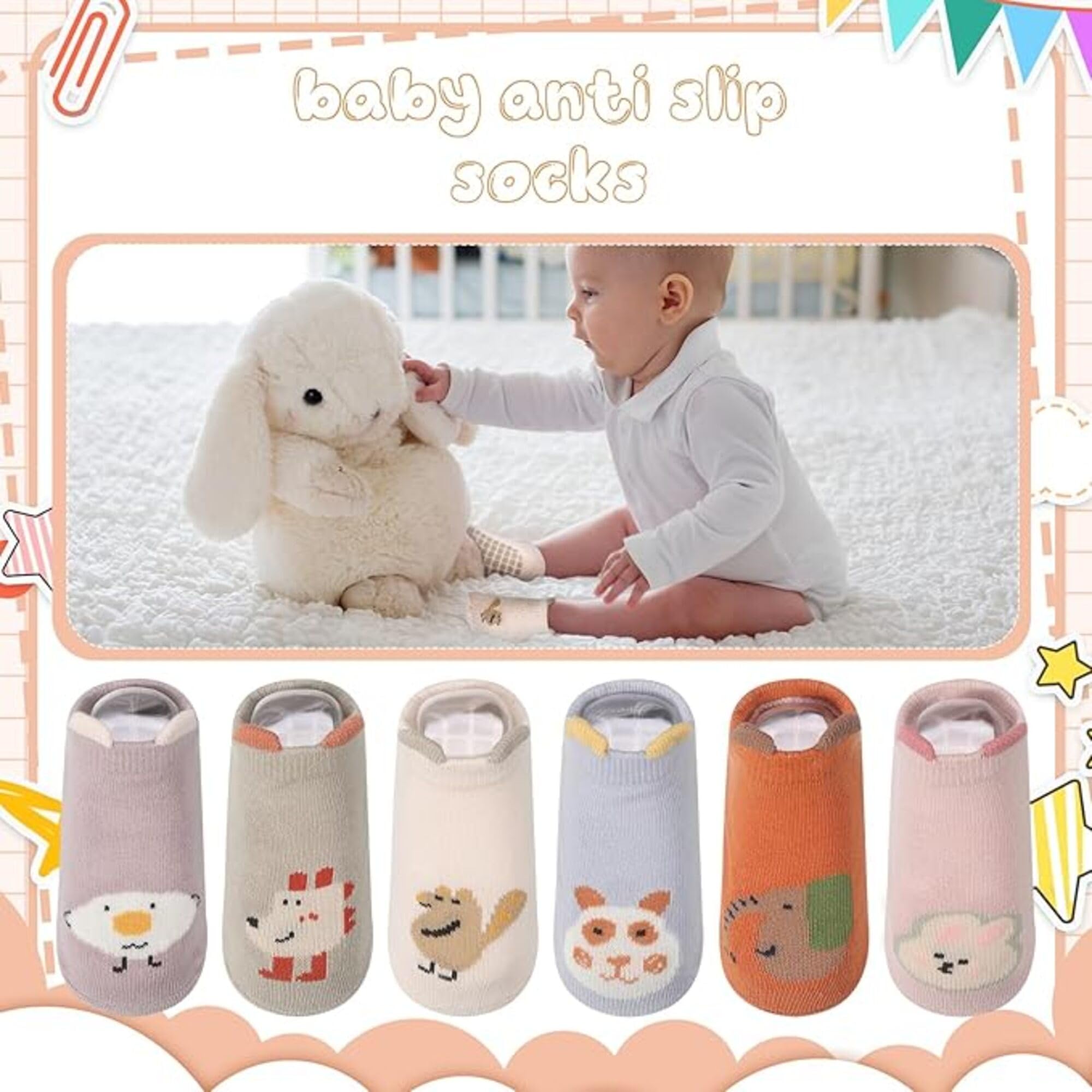 AVRIN 6 Pair Baby Socks Set for Infants 0-3 Years, Non Slip Grip Ankle Booties with Sole Anti Skid, Kids Soft Cotton Newborn Footwear, Safe Crawling Toddler Wear, Baby Shower Gift (Free Size) 1