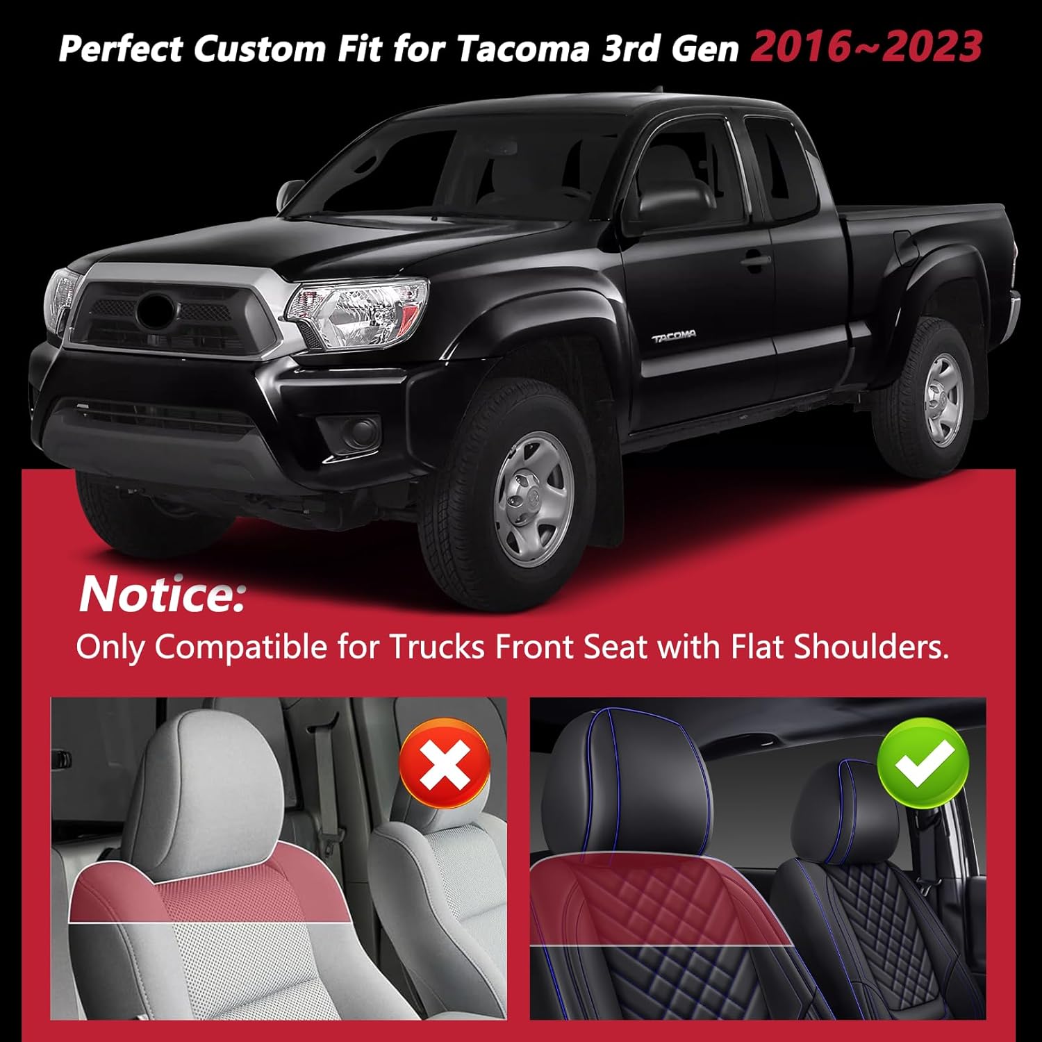 Tacoma Seat Covers Full Set 2016-2023, Leather Pickup Truck Seat Covers with Lumbar Support Custom Fit for Toyota Tacoma Double/Crew Cab SR SR5 TRD Sport TRD Off-Road TRD Pro(Black Blue)