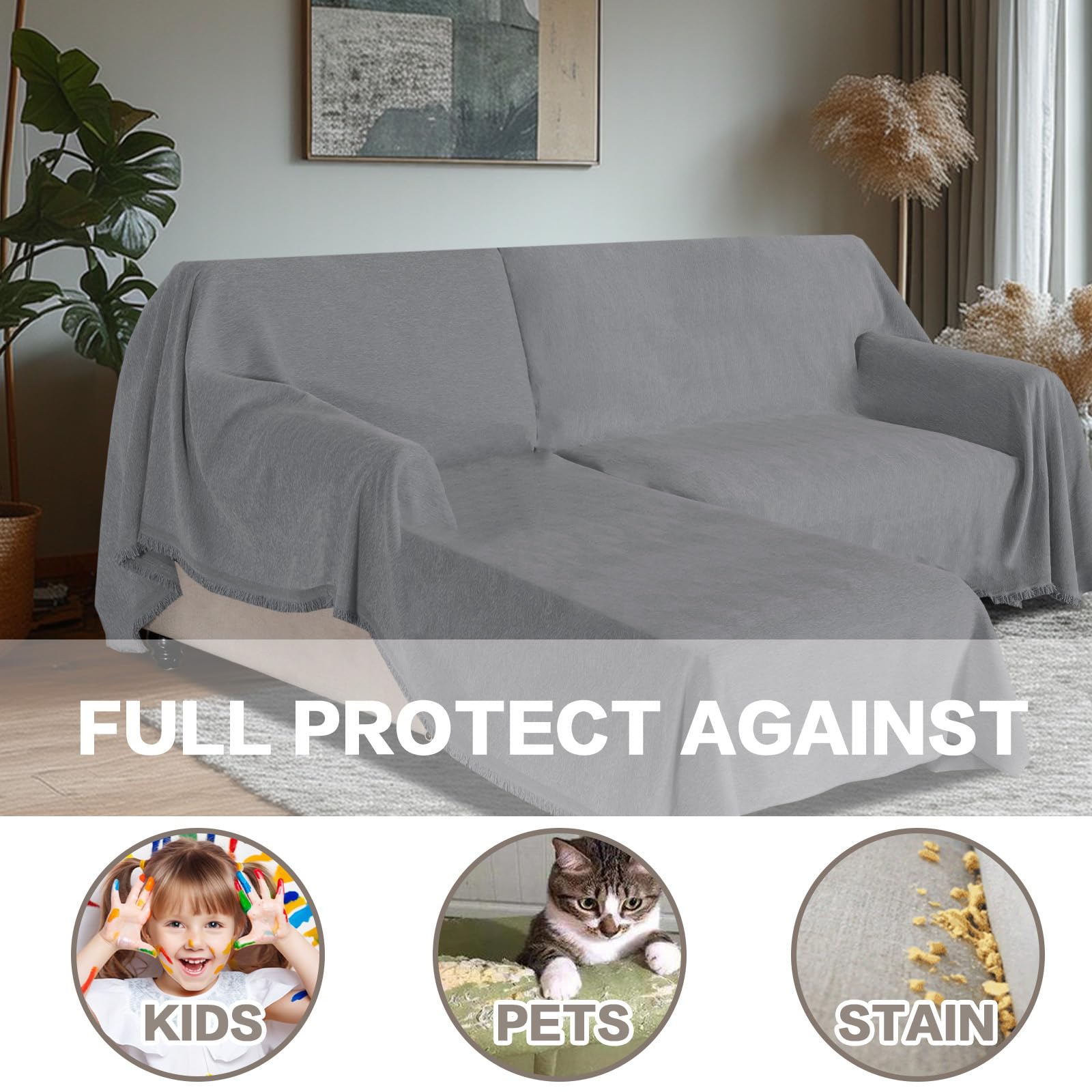 BellaHills Cubre Sofa Chaise Long 3 Plazas Verano Impermeable Funda Sofá Antideslizante Antimanchas Protector Sofá Chenilla Reversible Universal Gris