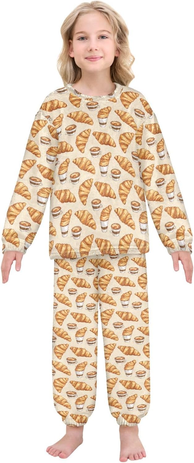 Kids Flannel Sets Croissant and Coffee Warm Plush Relaxed Clothing for Boys and Girls