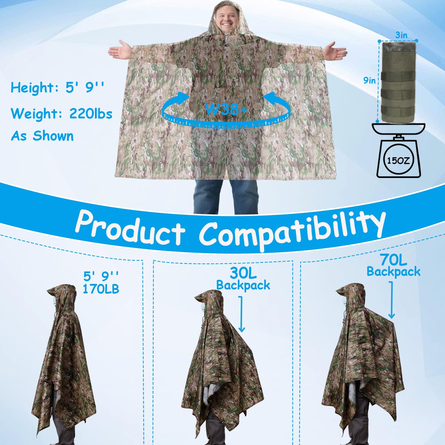 Poncho de pluie pour adulte grande taille avec capuche, poncho camouflage imperméable, poncho militaire pour camping, randonnée, pêche, voyage et plein air, facile à ranger.