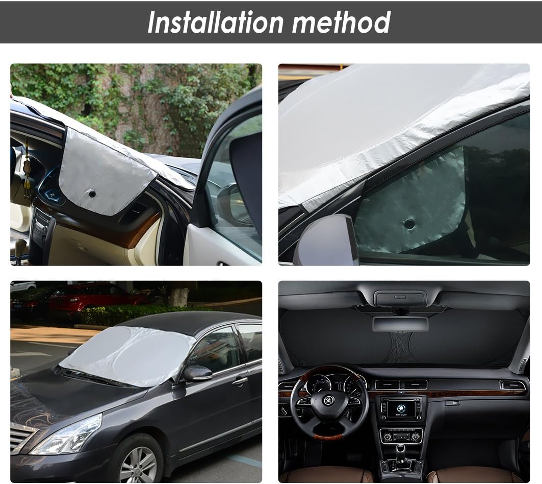 ANTOER Car Sun Shade Travel Pouch, Large Sizes Windshield Sun Shade With 2 Ears Block Out 99% UV Rays Heat & Snow Car SunShade Keep Automobile Cool Easy to use 63”x34”