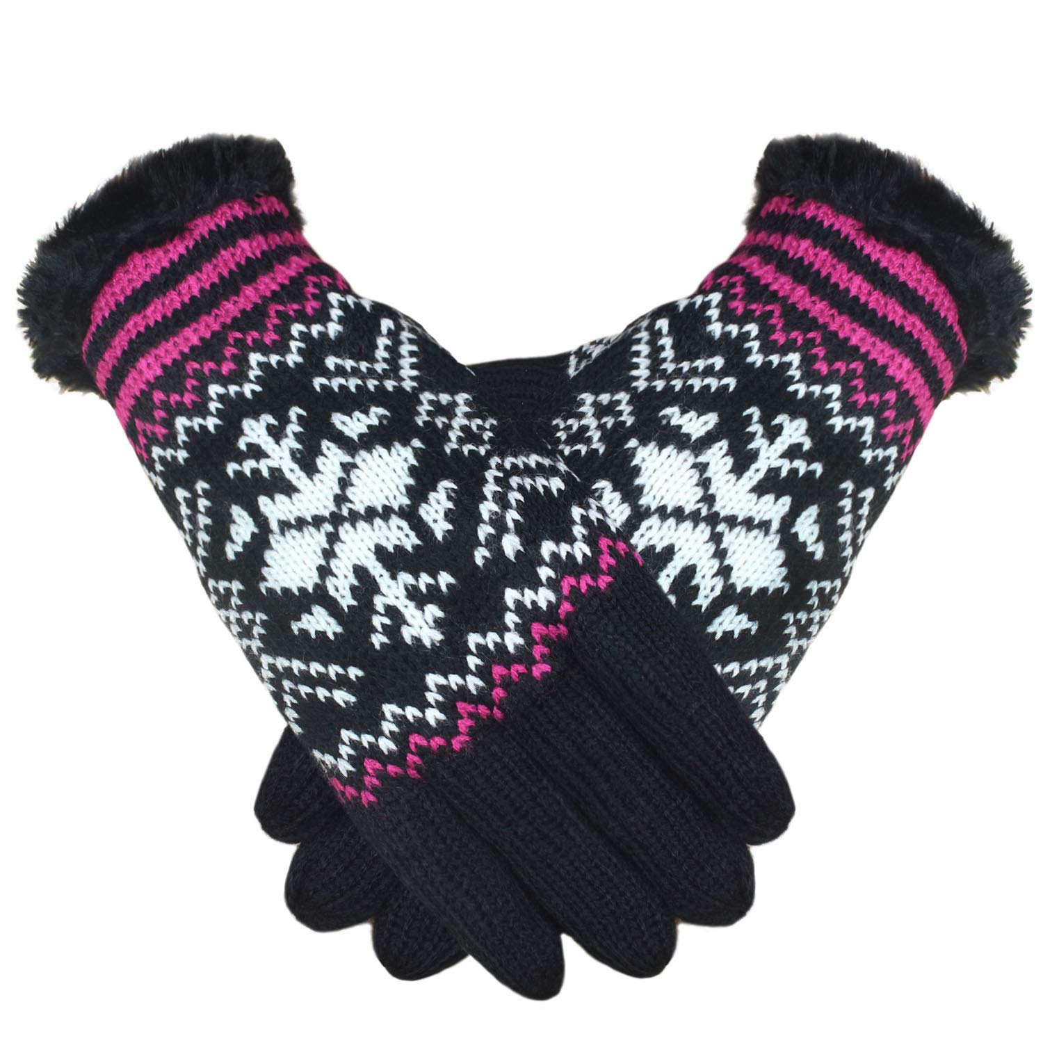 Rockjock Women's Cerise Fairisle Knitted Gloves With Fleece Thermal Lining