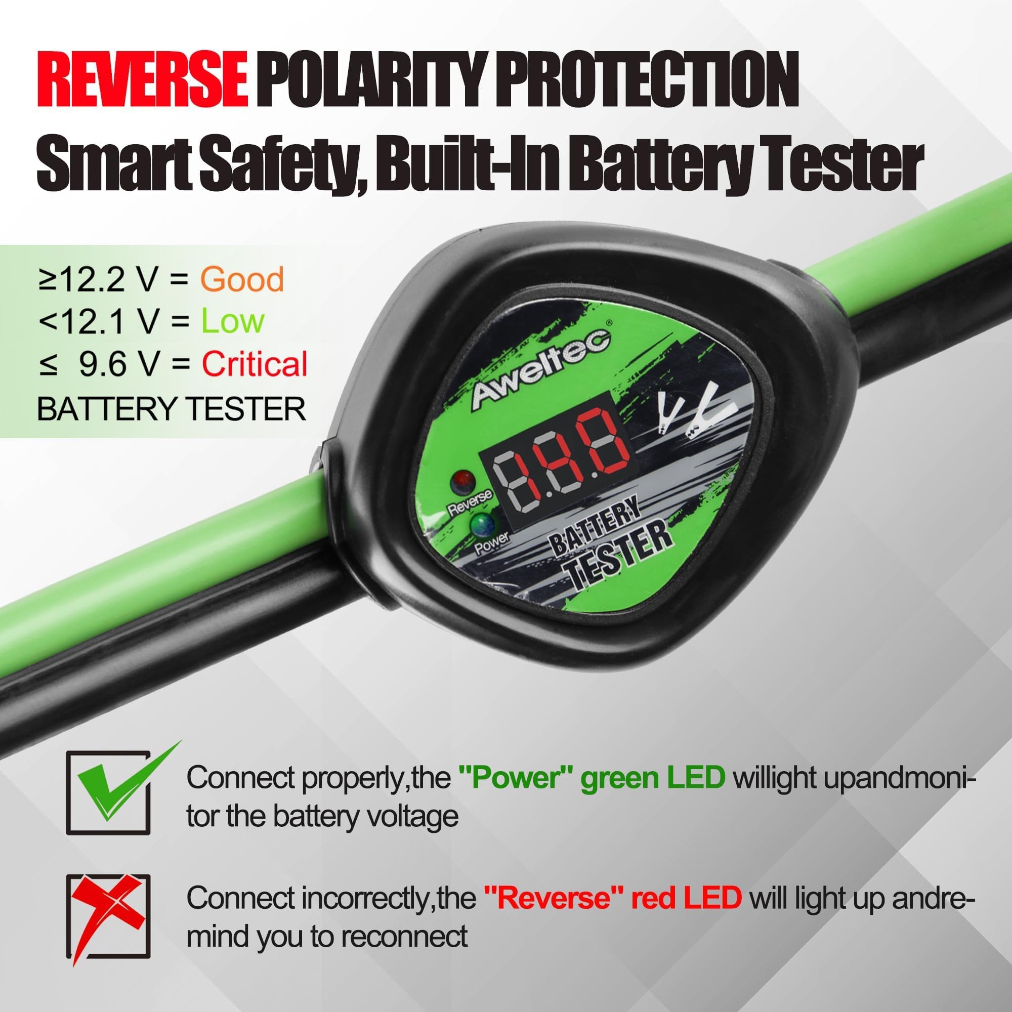 Cables de puente de calibre 6 de 16 pies con protector inteligente, cable de refuerzo de batería resistente con protección de polaridad inversa, bolsa de transporte, guantes de seguridad y
