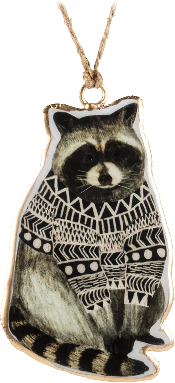 Abbott Collection Raccoon in Sweater Double-Sided Ornament - Metal, Grey/White (4 inches H)