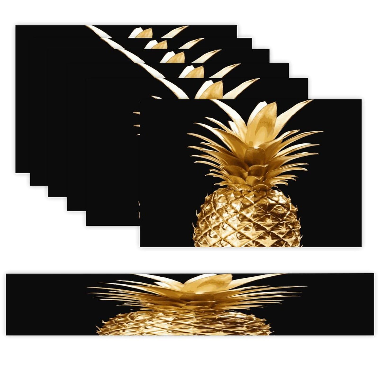 Gold Pineapple Table Runner and Placemats Set of 6 for Kitchen Washable Table Mats Heat Resistant Place Mats Non-Slip Place Mat Wipeable Placemat(6 Placemats+1 Table Runner)