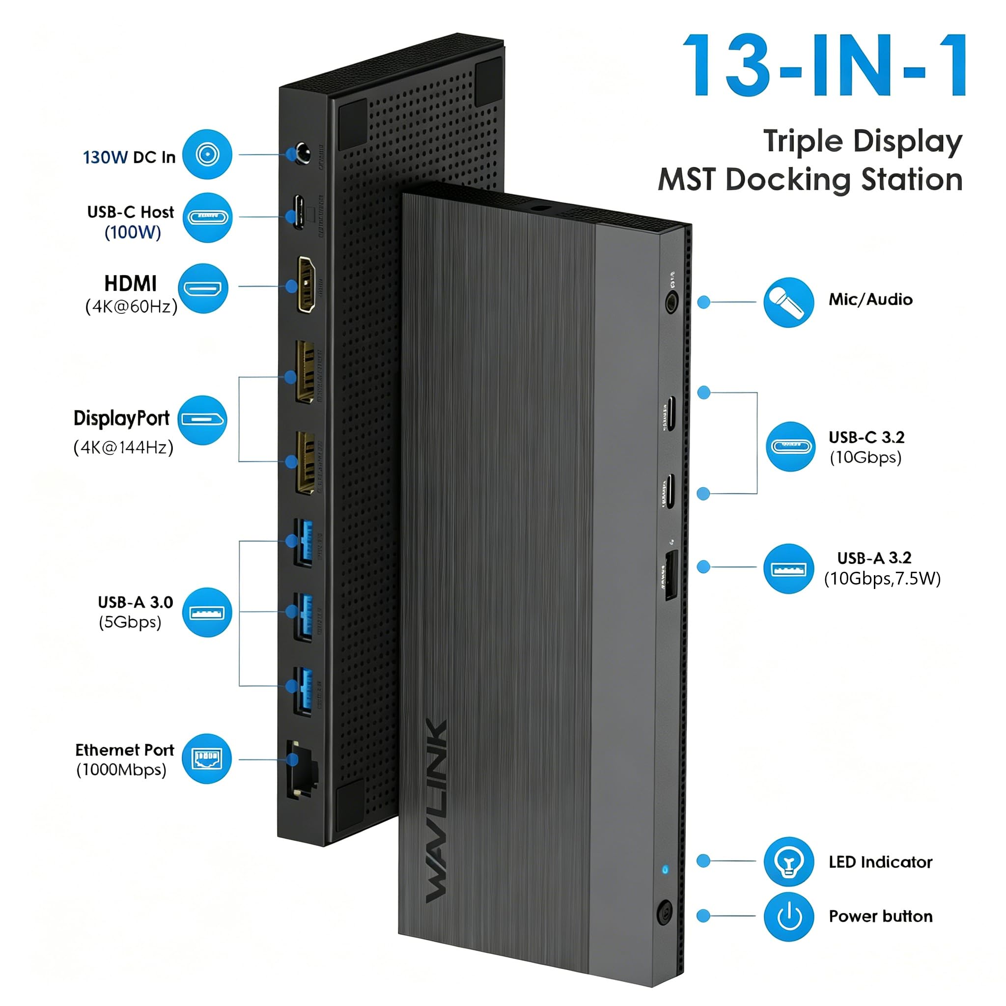 Docking station per laptop, docking station 3 monitor con 2* DP+HDMI, caricatore PD da 130 W, 2* USB-C 10 Gb, 4* USB-A 5 Gb, Audio, Gigabit Ethernet, TF/SD per Lenovo HP Dell, computer di sistema