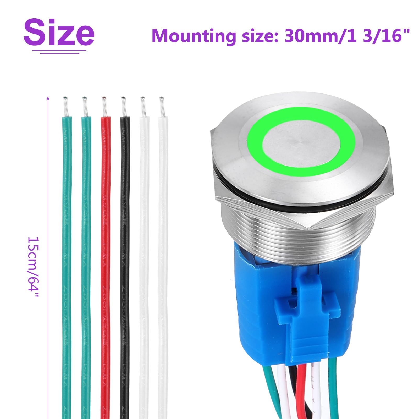 DMiotech 1 3/16 Inch Stainless Steel Momentary Push Button Switch Flat Head 5A 12-24V Silver Shell 6 Pin with Cable Socket Green Ring LED 1NO1NC for Car Boat Systems Custom Setups - Image 4