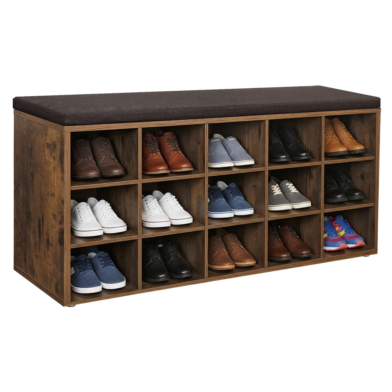 VASAGLE Shoe Bench, Storage Bench with Padded Seat, with Cushion, 15 Compartments, Adjustable Shelves, for Living Room, Hallway, 30 x 105 x 48 cm, Rustic Brown and Chestnut Brown LHS15BX