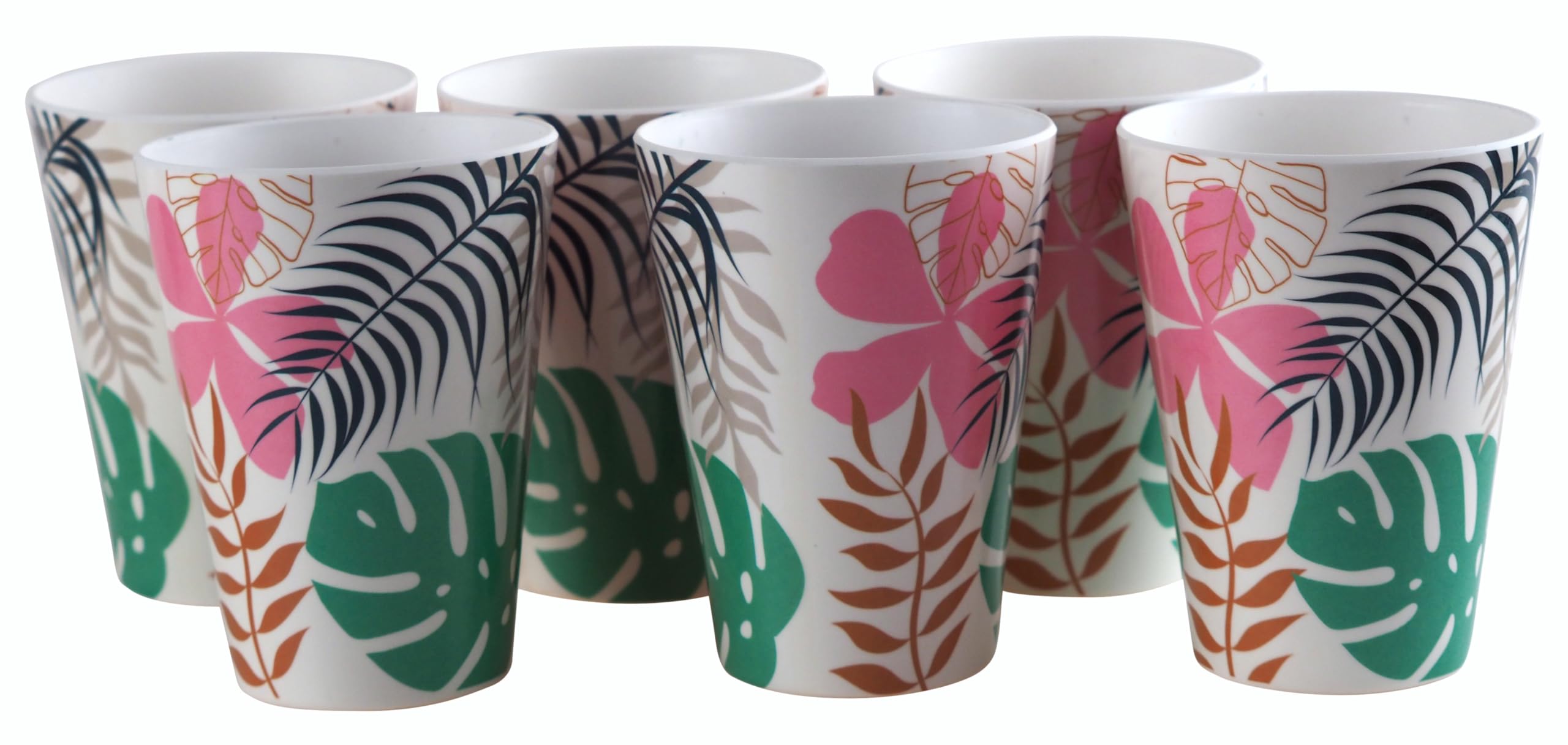 Melamine Tumbler Beaker Cup - Reusable Plastic - Summer Tropical Leaf - Set of 6
