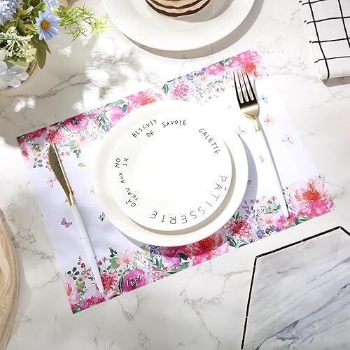Miniatura 4 de Moinchore Paquete de 100 manteles individuales desechables de papel floral de acuarela con flores rosas, manteles individuales decorativos de