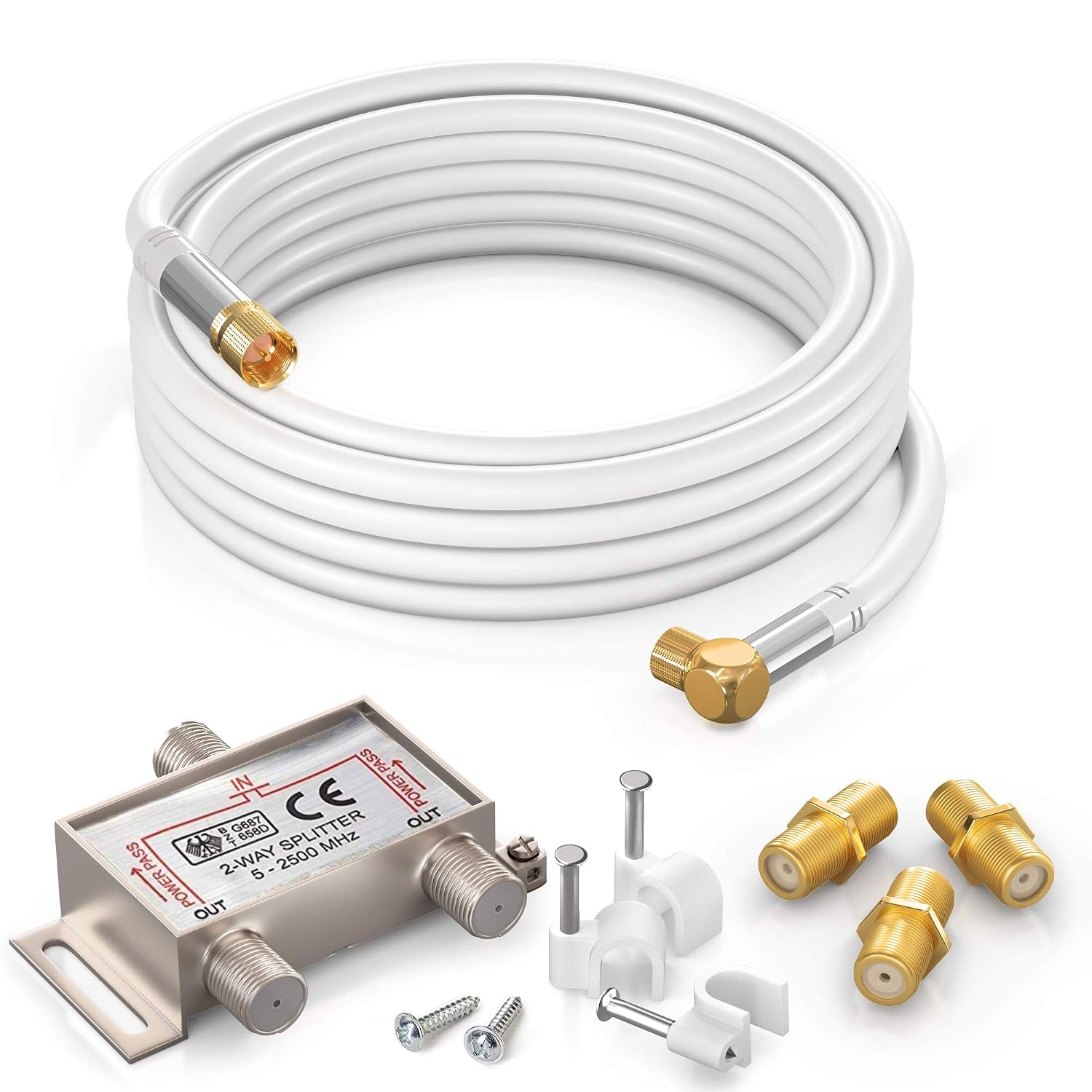 Hot Deals Coaxial Cable RG6 (10 feet, White) Quad Shield Straight Male to 90 Degree Angled Male F-Type Connector with 2 Way Splitter, Couplers, Nail Cable Clips Top Rated Coaxial Cable RG6 (10 feet, White) Quad Shield Straight Male to 90 Degree Angled Male F-Type Connector with 2 Way Splitter, Couplers, Nail Cable Clips