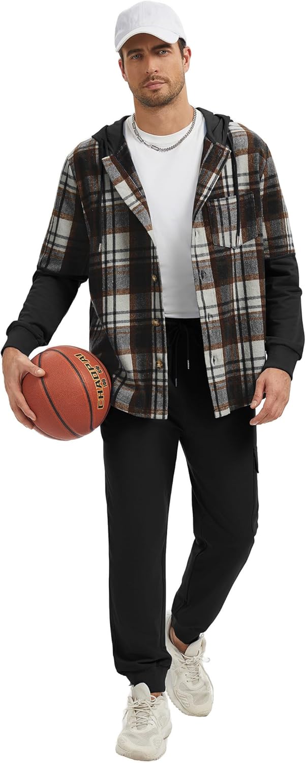 Men's 2 Piece Sweatsuits Outfit Hood Flannel Plaid Fleece Shacket and Joggers Sweatpants Set Tracksuit - Image 7