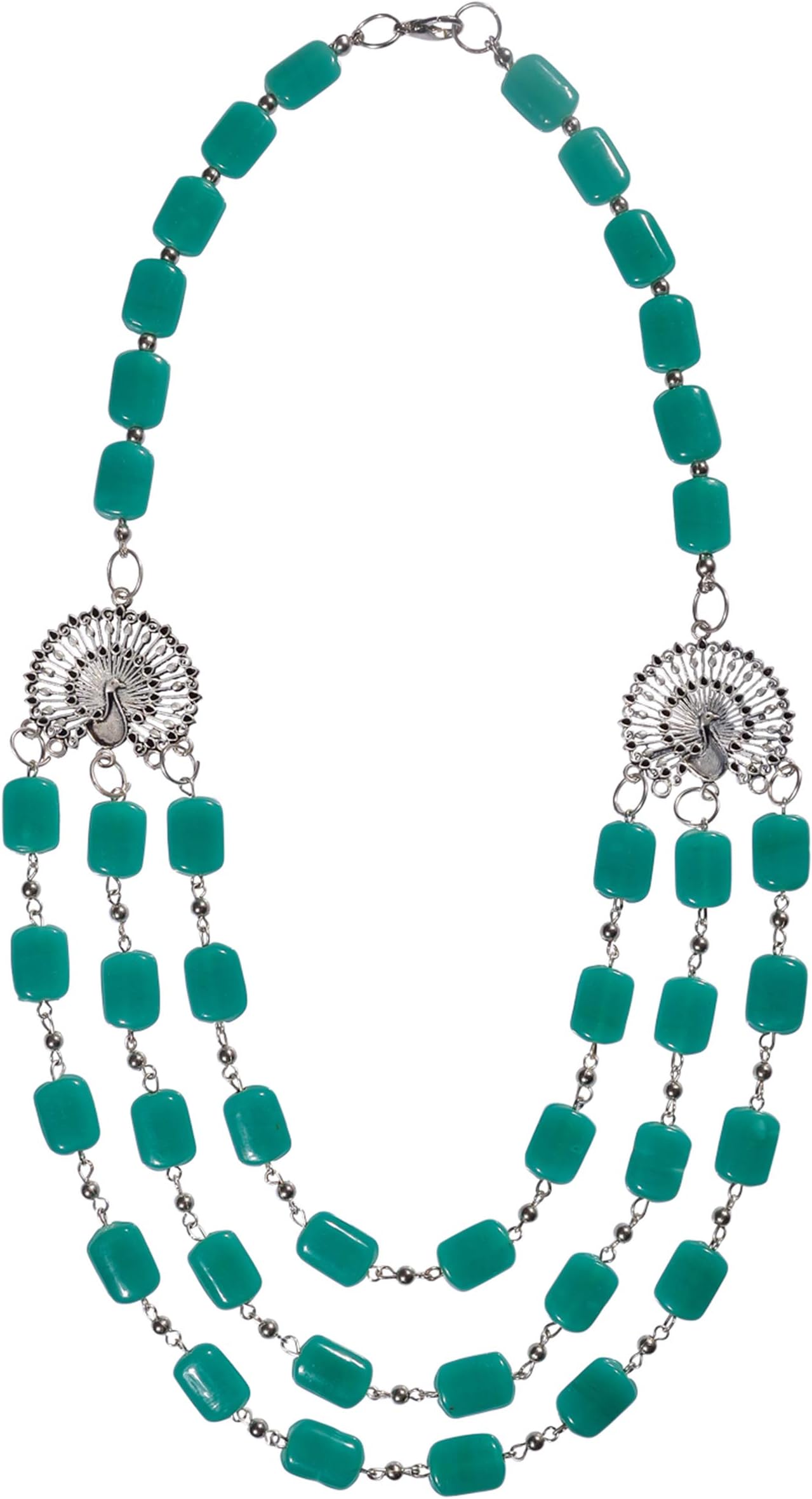 Yuvanta Bottle Green & Silver Layered Beaded Necklace for Women