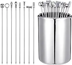 16 palhetas de metal para coquetéis para bebidas, espetos de azeitona de martini, palitos de dente chiques para aperitivos, espetos decorativos para aperitivos, bebidas, frutas de festa (10 cm)