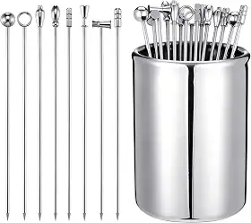 16 palhetas de metal para coquetéis para bebidas, espetos de azeitona de martini, palitos de dente chiques para aperitivos, espetos decorativos para aperitivos, bebidas, frutas de festa (10 cm)