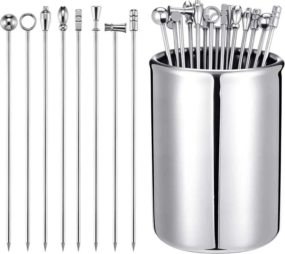 16 palhetas de metal para coquetéis para bebidas, espetos de azeitona de martini, palitos de dente chiques para aperitivos, espetos decorativos para aperitivos, bebidas, frutas de festa (10 cm)