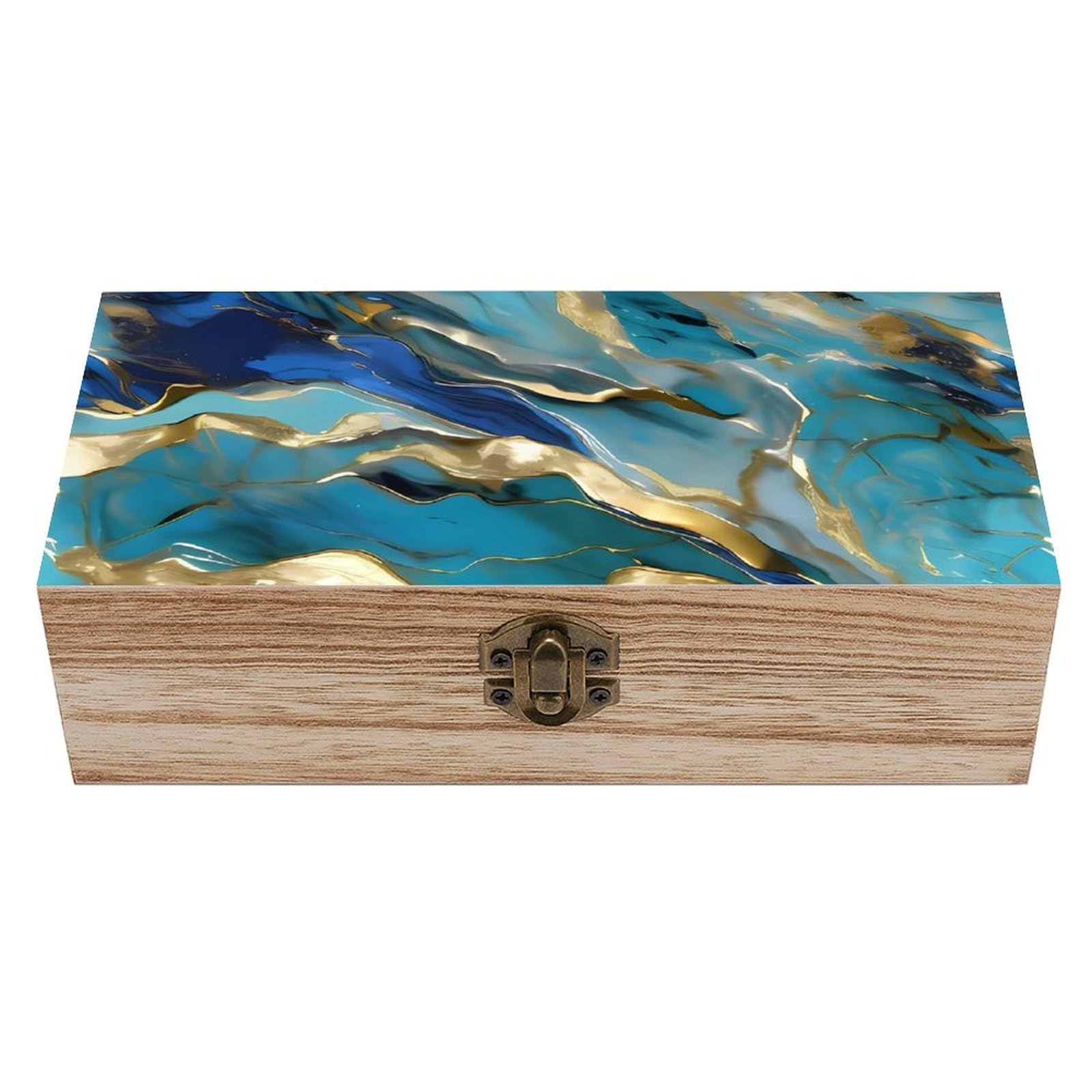 Boîte de rangement en bois bleu sarcelle et feuille d'or idée cadeau