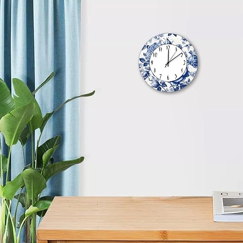 Miniatura 3 de Reloj redondo de madera para decoración de pared, estilo chinoiserie, porcelana azul y blanca, reloj de pared floral de granja de 12 pulgadas, reloj