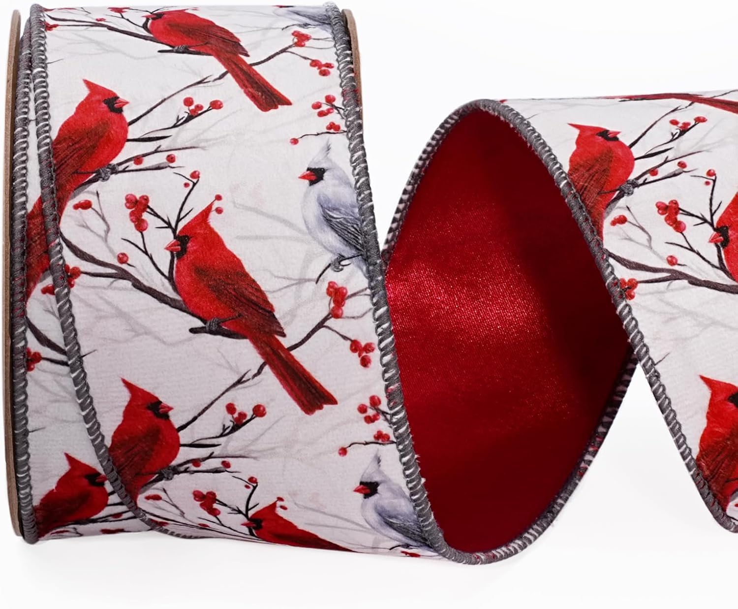 LaRibbons Cardinal Ribbon Wired 2.5 Inch x 10 Yards, Red Bird Velvet Ribbon with Satin Back for Christmas Tree, Wreath Bow, Gift Wrapping & Holiday Decor