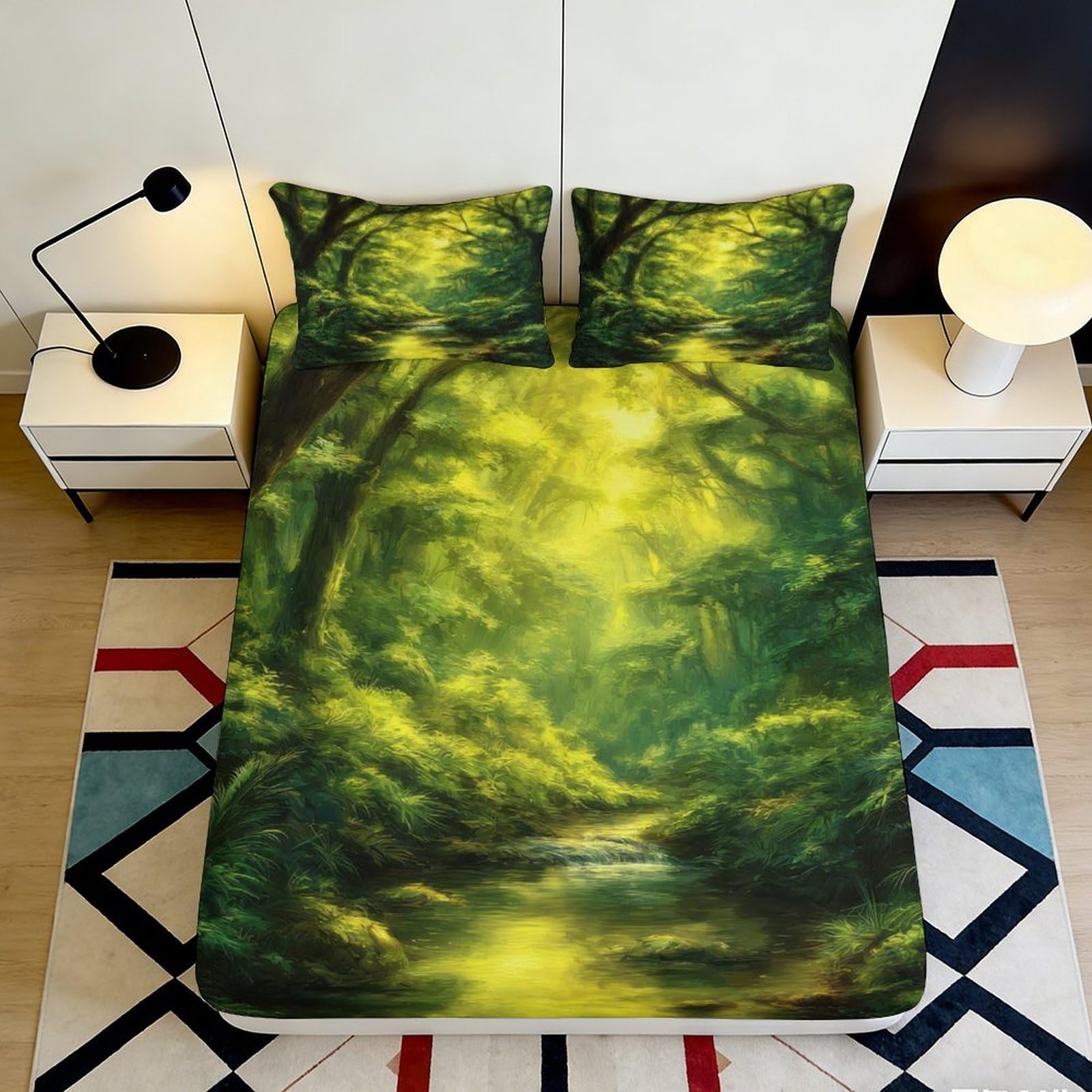 3D Printed Green Forest Path Fitted Sheet Microfiber Soft Nature Woodland Mattress Cover for Bedroom Home Decor 90x200x25cm