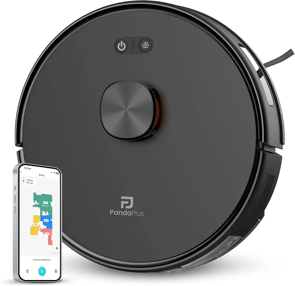 Robô Aspirador de Pó Inteligente AMG-R3 PRO 3 em 1 Varre, Aspira e Passa Pano com Mapeamento a Laser LDS, Compatível com Alexa e Google, Wi-Fi, App e Controle Remoto Panda Plus Bivolt (Preto)